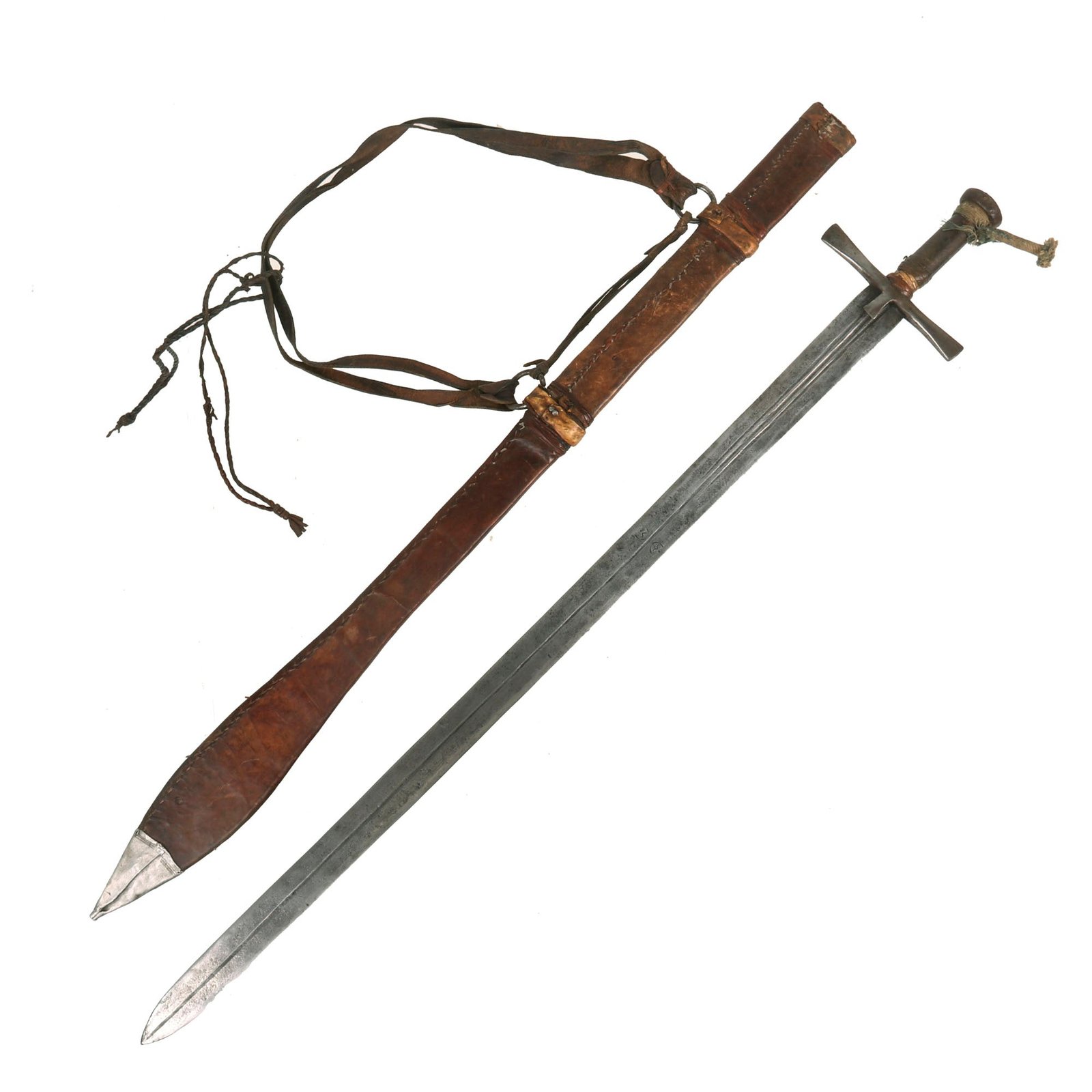 Buy Original Victorian Era Sudanese Mahdi Dervish Kaskara Broadsword with Leather Scabbard and Body Sling c.1870 | Original Firearms Antique For Sale