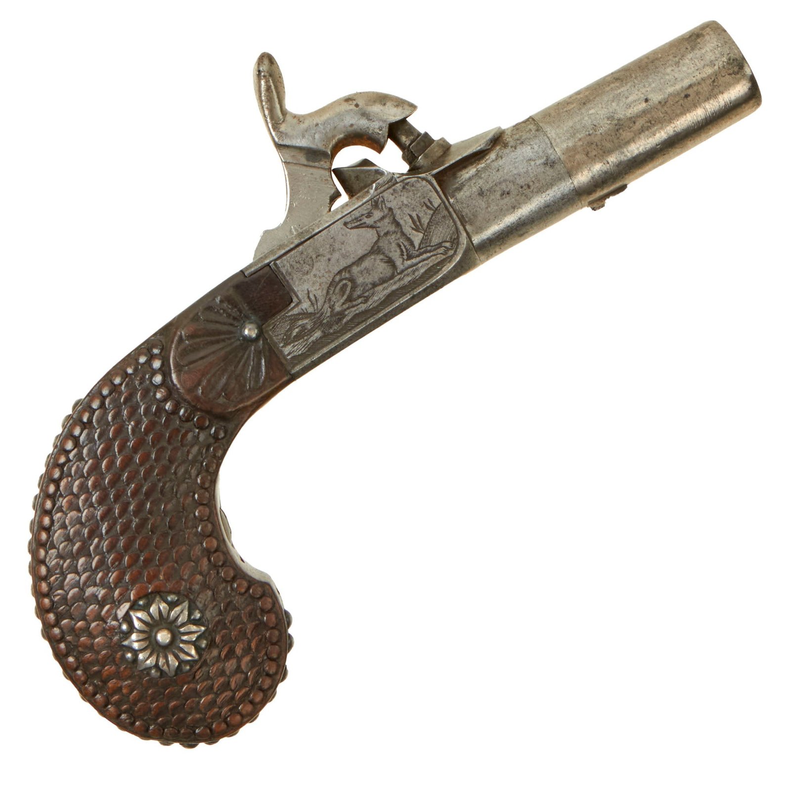 Buy Original Belgian Percussion Boxlock Pocket Pistol by with Turn Off Barrel - Engraved Frame - "Lizard" Textured Grip - circa 1840 | Original Firearms Antique For Sale