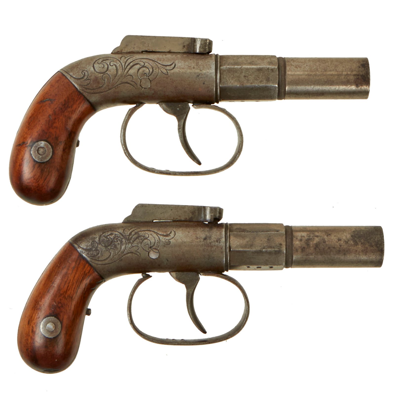 Buy Original U.S. Matched Pair of Allen's Patent Single Shot Pocket Percussion Pistols - Serial 121 and 462 - circa 1845 | Original Firearms Antique For Sale