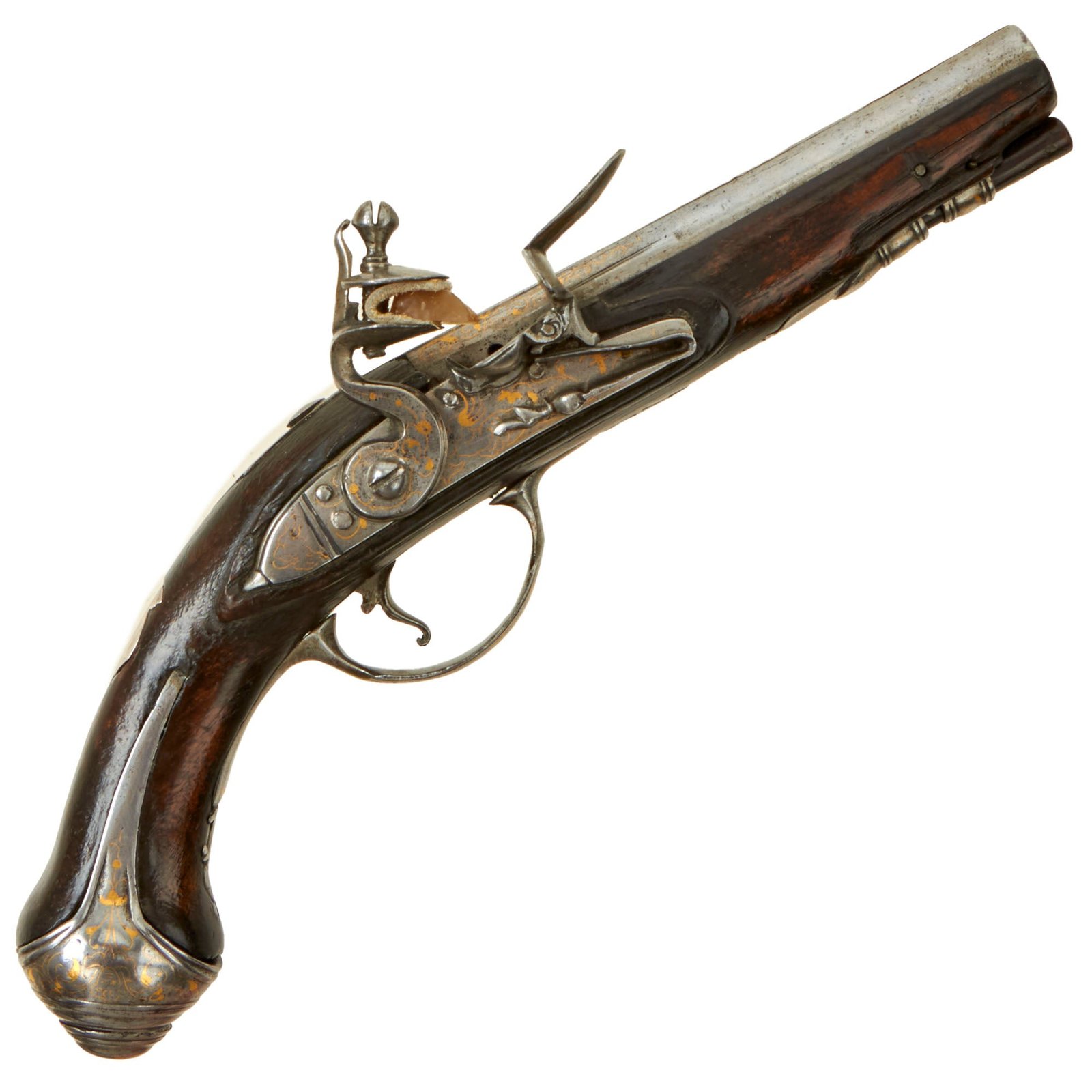 Buy Original French Napoleonic Flintlock Overcoat Pocket Pistol with Gold Embellishments - Unsigned | Original Firearms Antique For Sale
