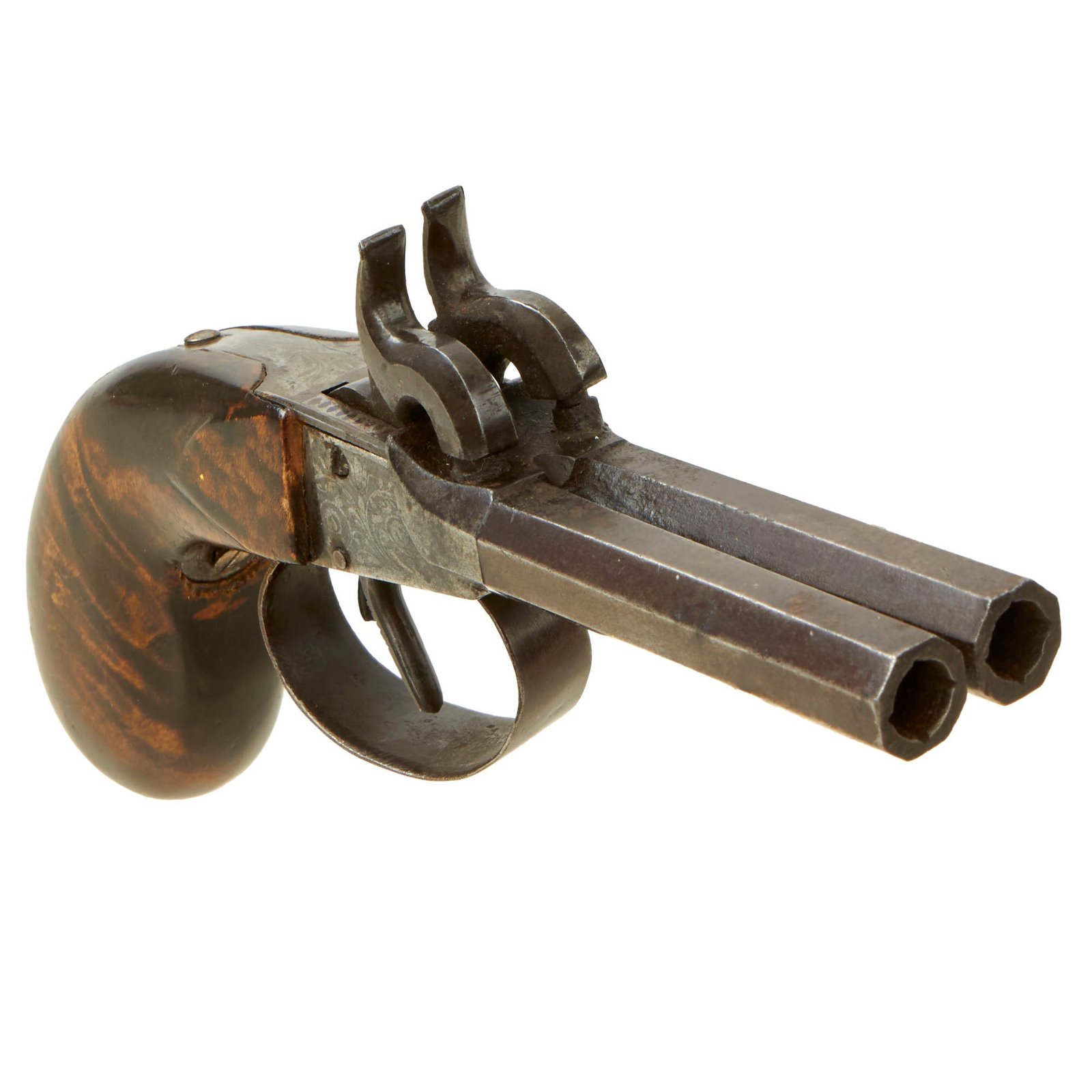 Buy Original Victorian Era Belgian Double Barreled Percussion Pistol with Figured Wood Grip and Decorated Frame - Circa 1835 | Original Firearms Antique For Sale