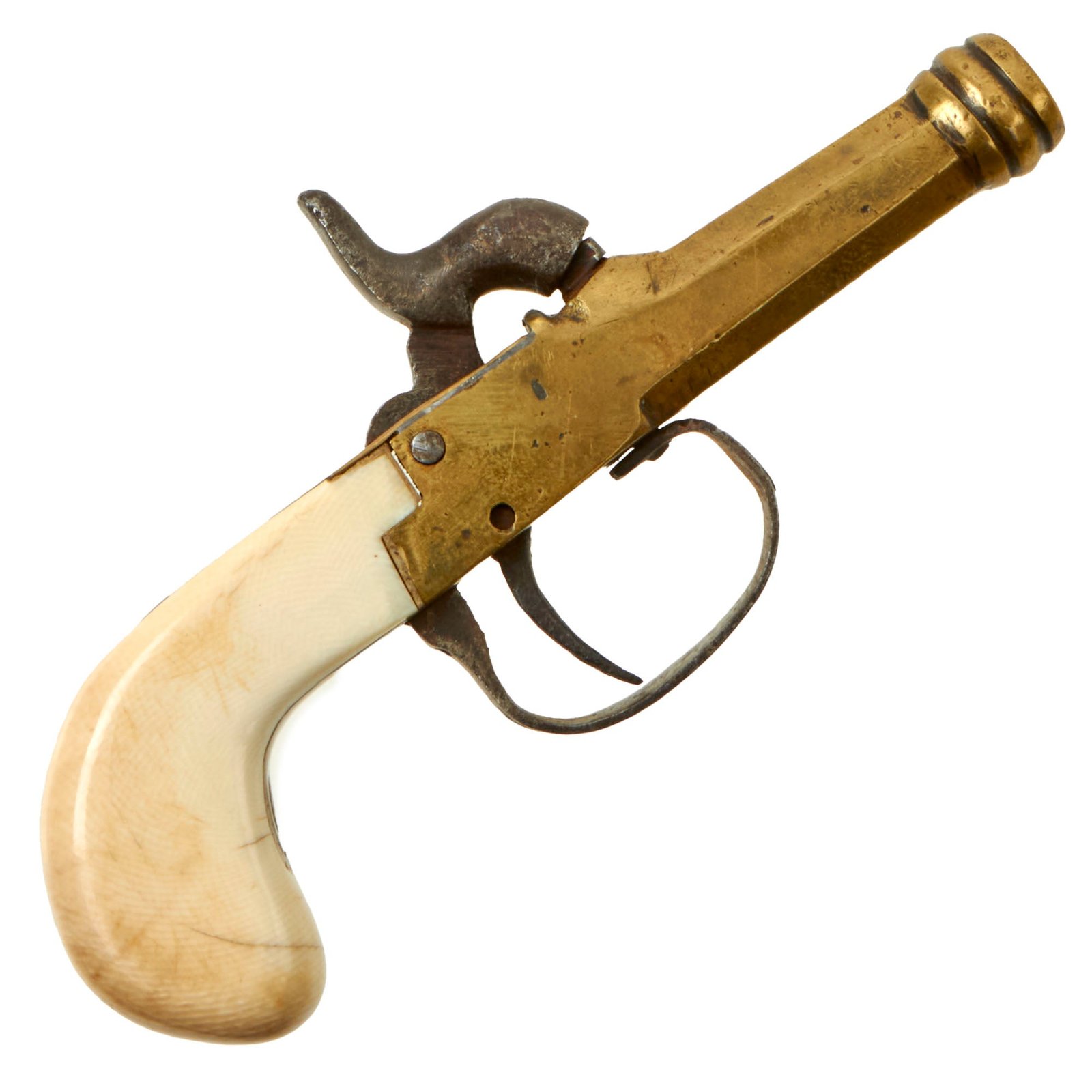 Buy Original Victorian Era Belgian Brass Pocket Percussion Pistol with Ivory Grip - Circa 1835 | Original Firearms Antique For Sale