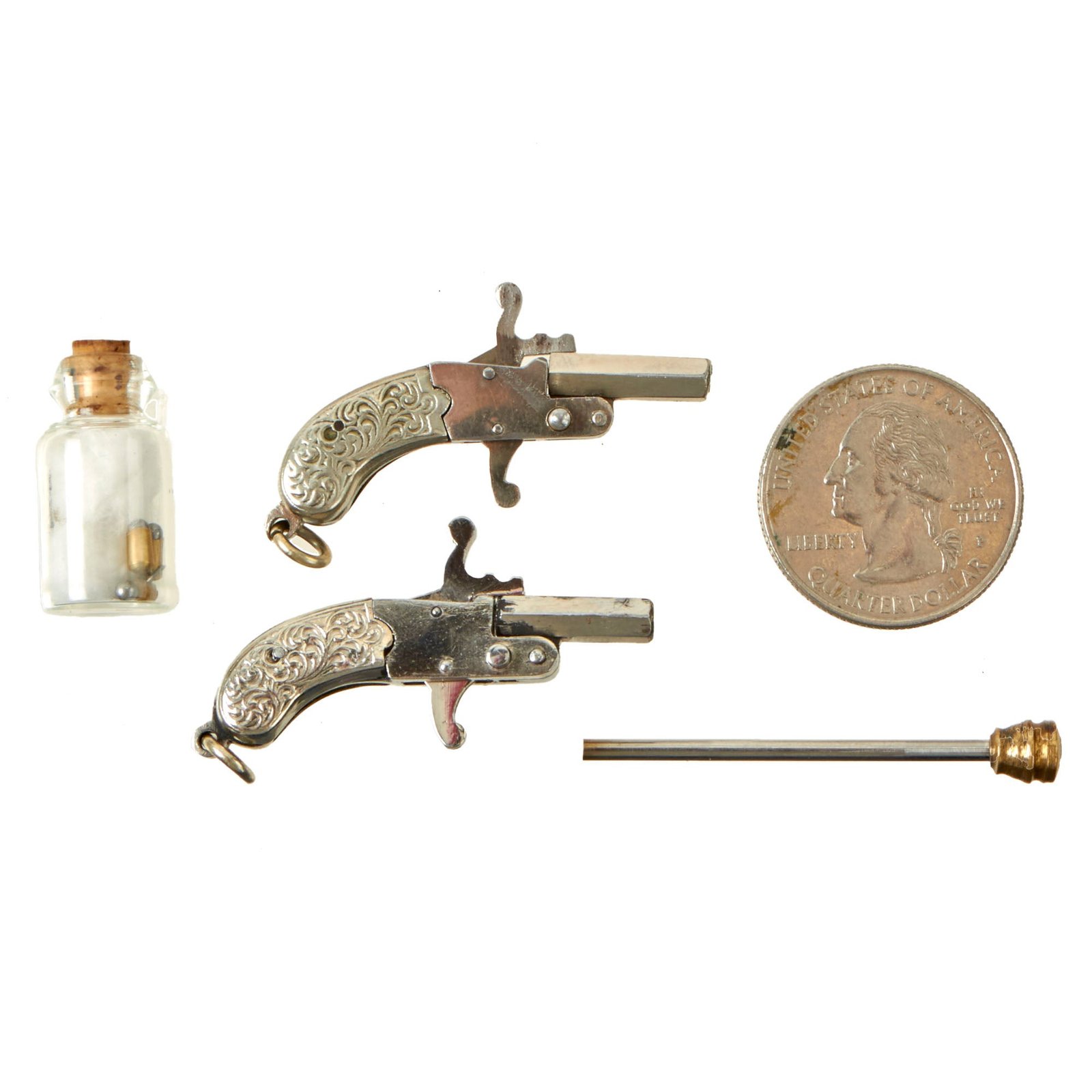 Buy Original Pattern 1897 Austrian Miniature Franz Pfannl 2mm Pinfire Berloque Pistol Pair with Cartridges and Ejector Rod | Original Firearms Antique For Sale