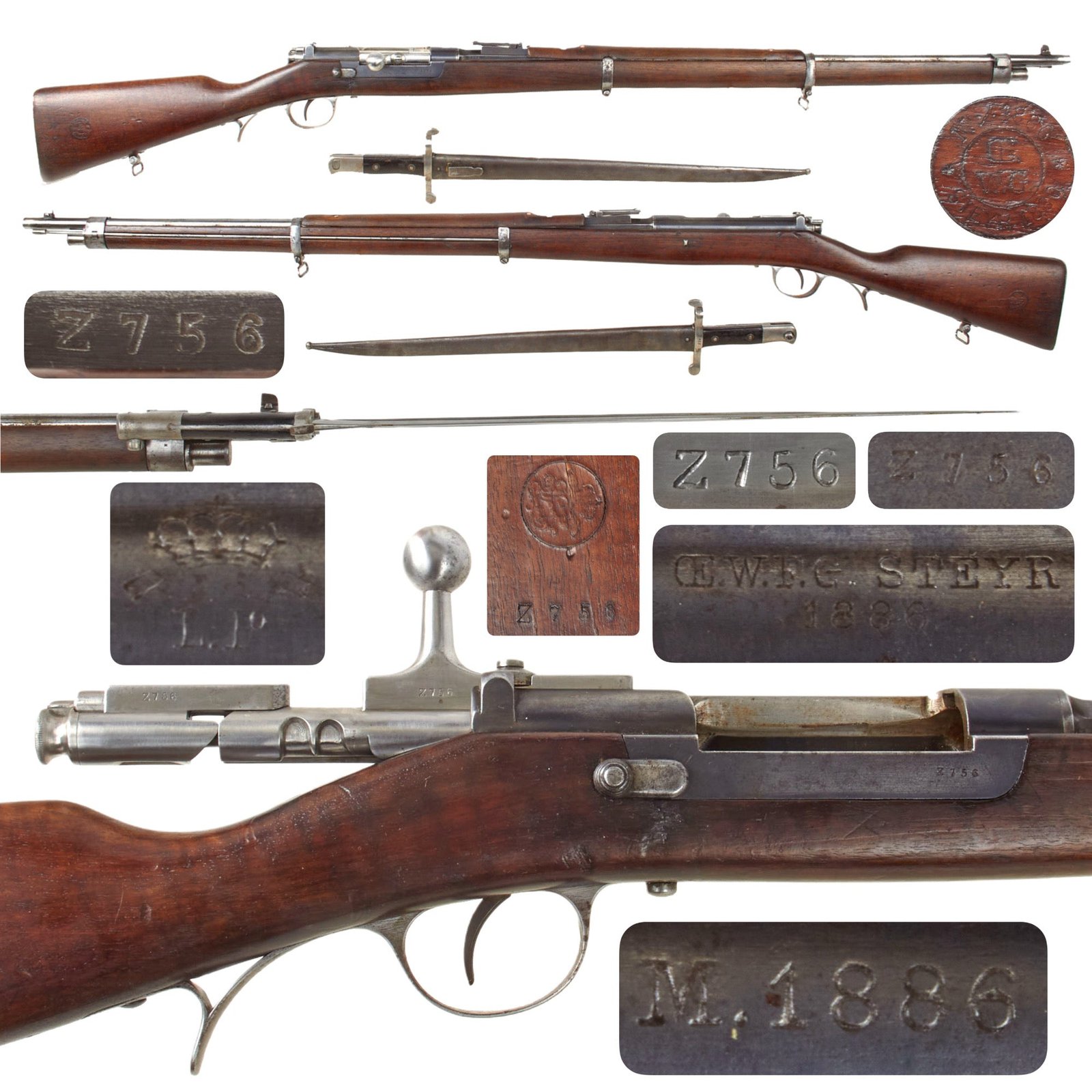 Original Portuguese Kropatschek M.1886/89 Colonial Infantry Rifle by ŒWG Steyr Dated 1886 with Bayonet and Scabbard - Serial Z756