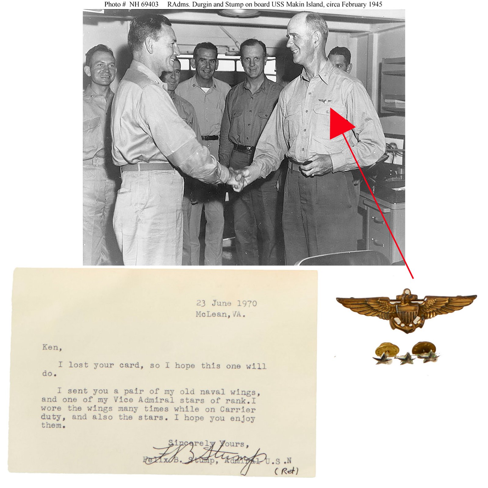Buy Original U.S. WWII Navy Admiral Felix Stump Naval Aviator Wings & Vice Admiral’s Stars With Signed Provenance Note | Original Firearms Antique For Sale