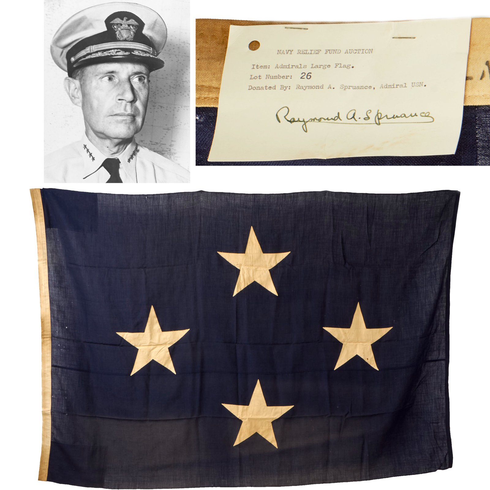 Buy Original U.S. WWII Navy “Quiet Warrior” Admiral Raymond Spruance’s Command Flag with Auction Note & Signature - Commander of Task Force 16 at Midway | Original Firearms Antique For Sale