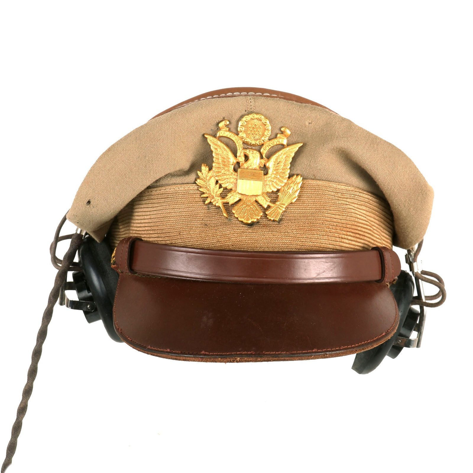 Buy Original U.S. WWII Army Air Force Officer Tan Crusher Cap by Lewis With HB-7 Headset - Size 7 ⅜ | Original Firearms Antique For Sale