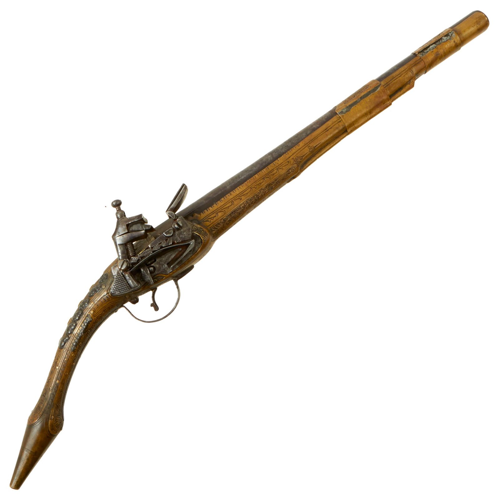 Buy Original 19th Century Balkan Embossed Brass Clad Miquelet Lock Rat Tail "Pirate" Pistol - circa 1800 - 1820 | Original Firearms Antique For Sale
