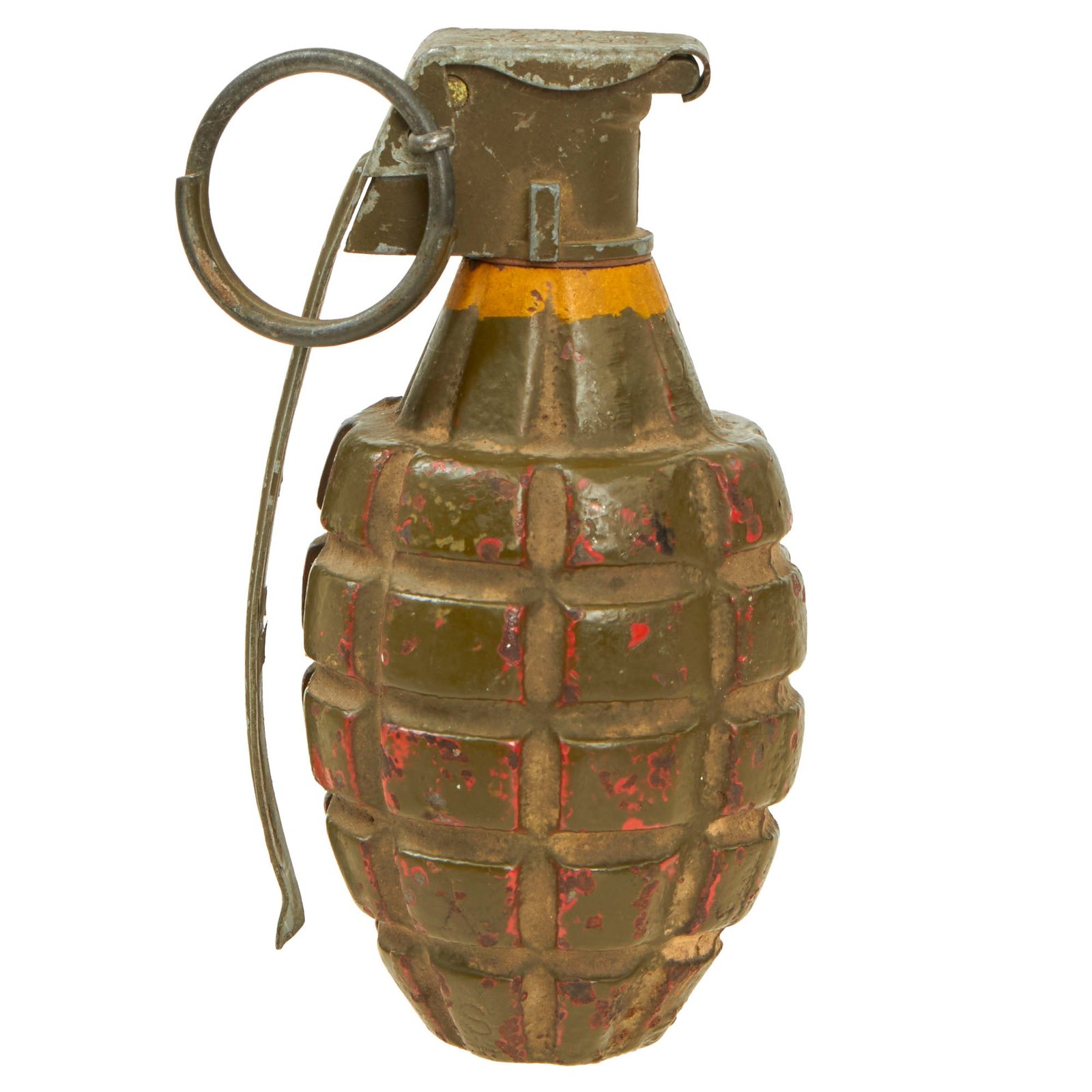 Buy Original U.S. WWII Inert MkII Pineapple Grenade with Yellow Ring & M10A2 Fuze | Original Firearms Antique For Sale