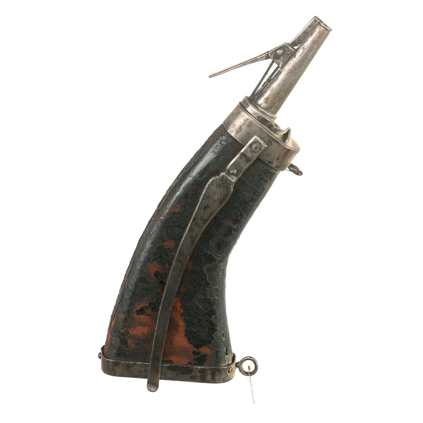 Buy Original Colonial Mid-Late 17th Century Powder Flask - Leather Covered Wood with Iron Fittings | Original Firearms Antique For Sale