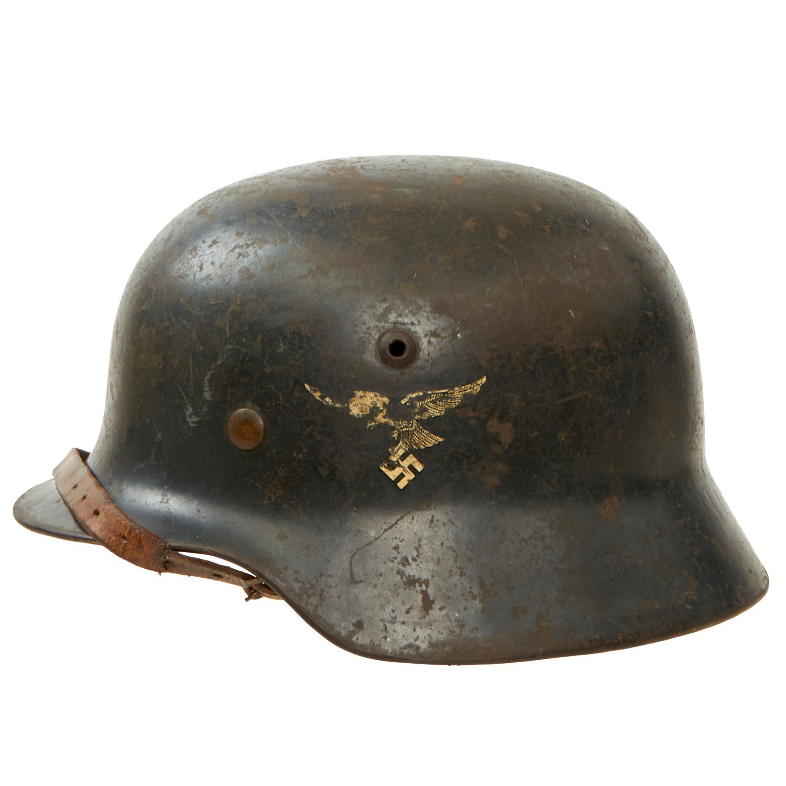 Buy Original German WWII Luftwaffe M35 “Droop-Tail” Former Double Decal Helmet with 56cm Liner & Chinstrap - marked ET64 | Original Firearms Antique For Sale
