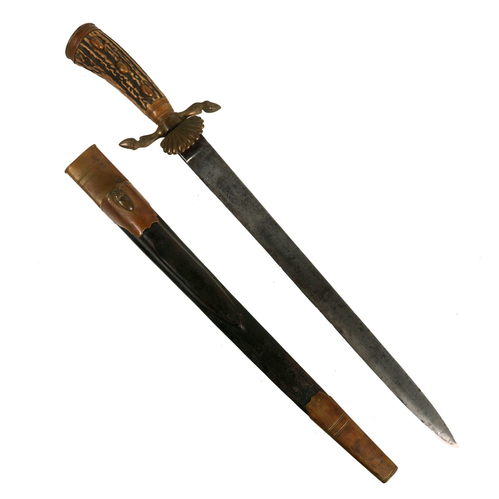 Buy Original German 19th Century Hirschfänger Stag Handle Triple Etched Hunting Short Sword with Scabbard | Original Firearms Antique For Sale