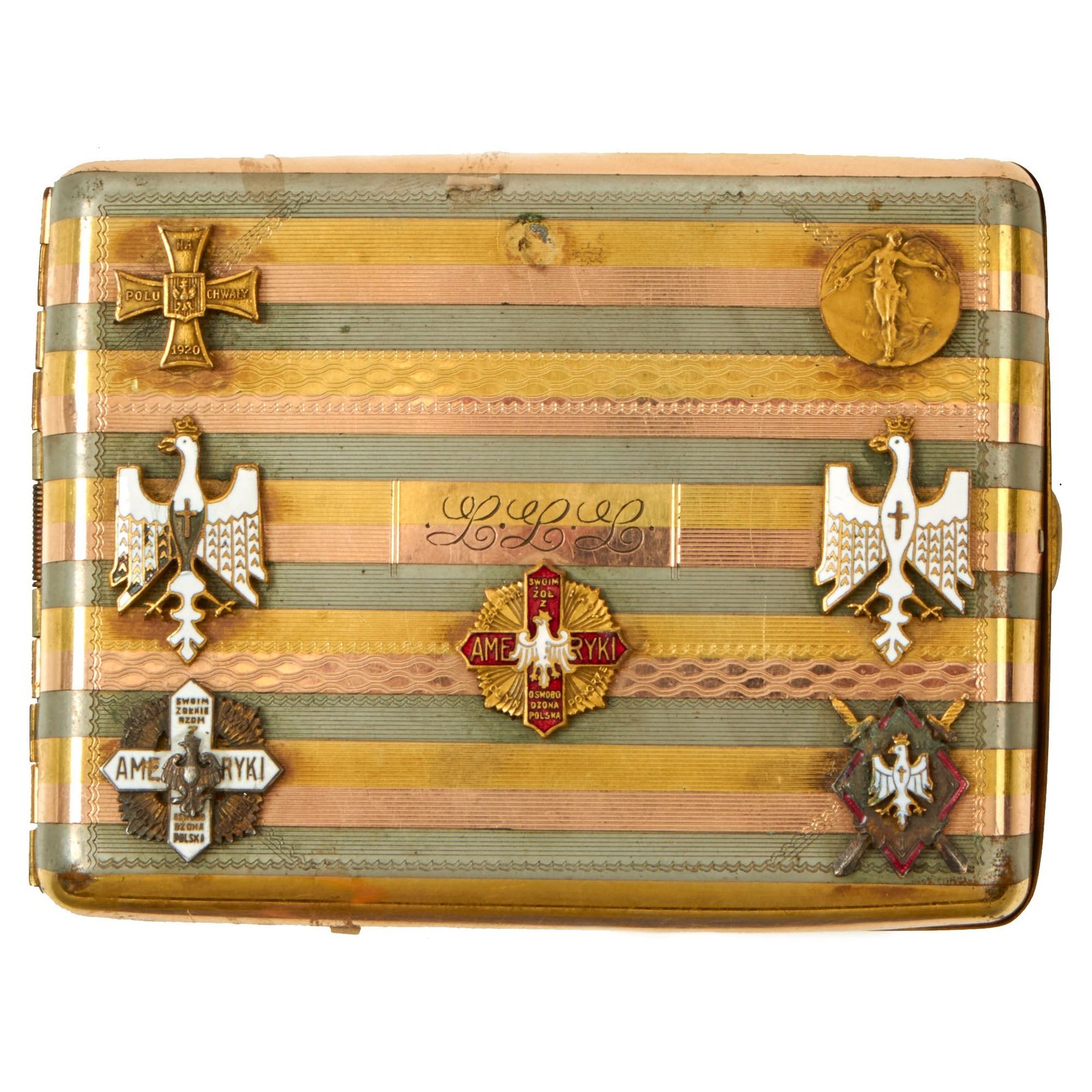 Buy Original U.S. Inter-War Era Polish Legion American Blue Army “Haller’s Army” WWI Commemorative Cigarette Case With Affixied Miniature Awards | Original Firearms Antique For Sale