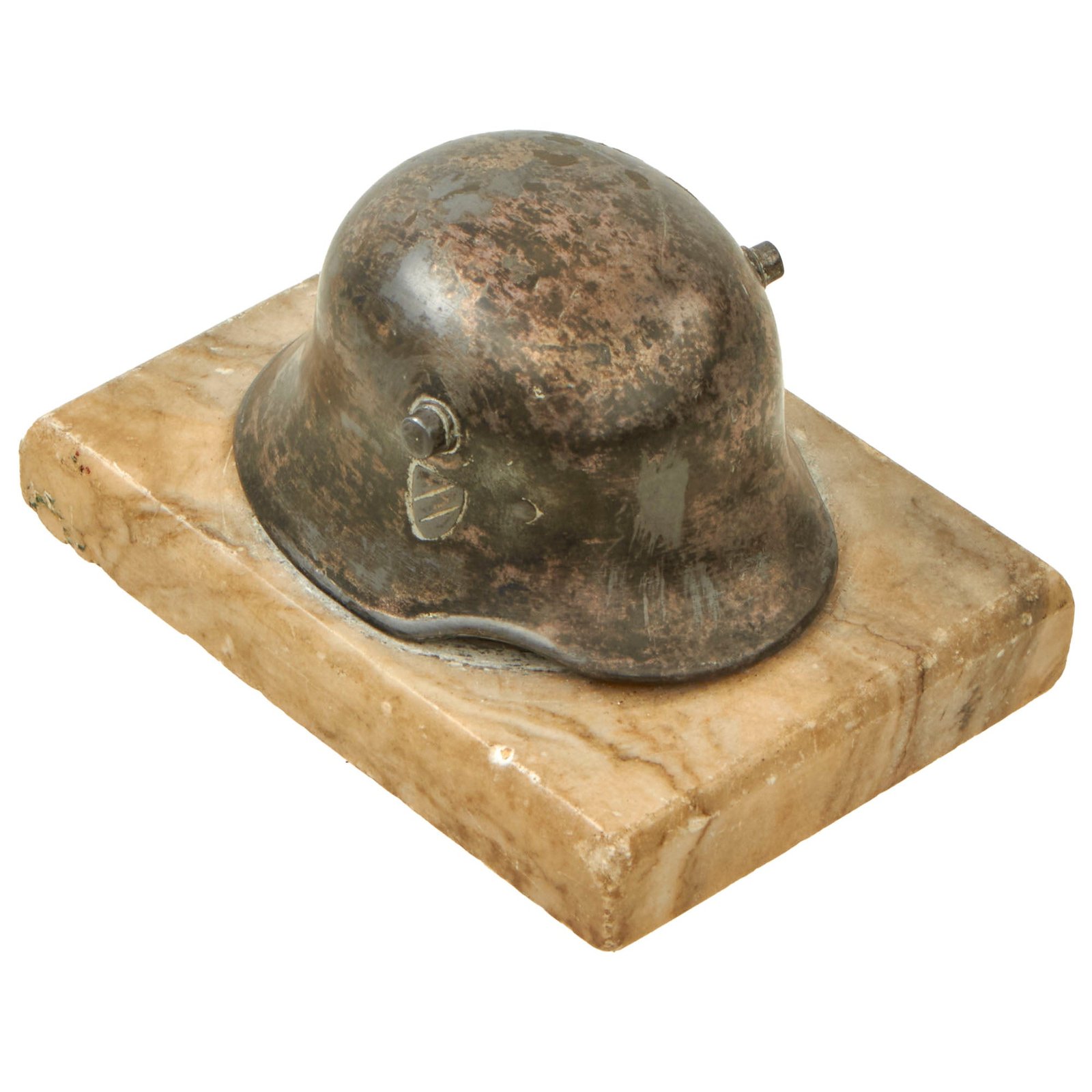Buy Original German WWII Army Heer Transitional M18 Double Decal Miniature Helmet Desk Ornament on Marble Base - dated 1939 | Original Firearms Antique For Sale