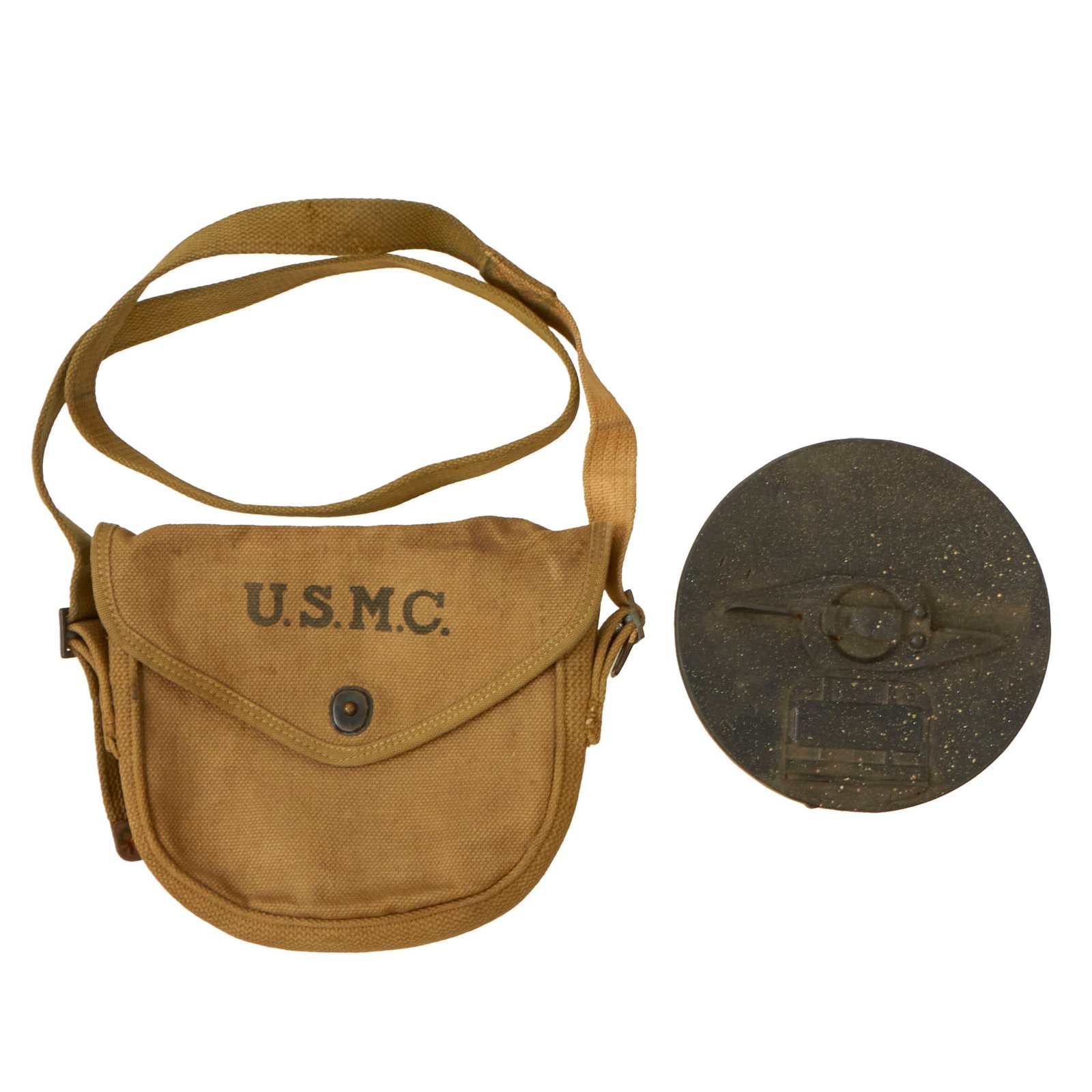 Buy Original U.S. WWII US Marine Corps USMC Marked 50 Round Drum Magazine Pouch For The M1921A Thompson - With Resin Drum Magazine | Original Firearms Antique For Sale