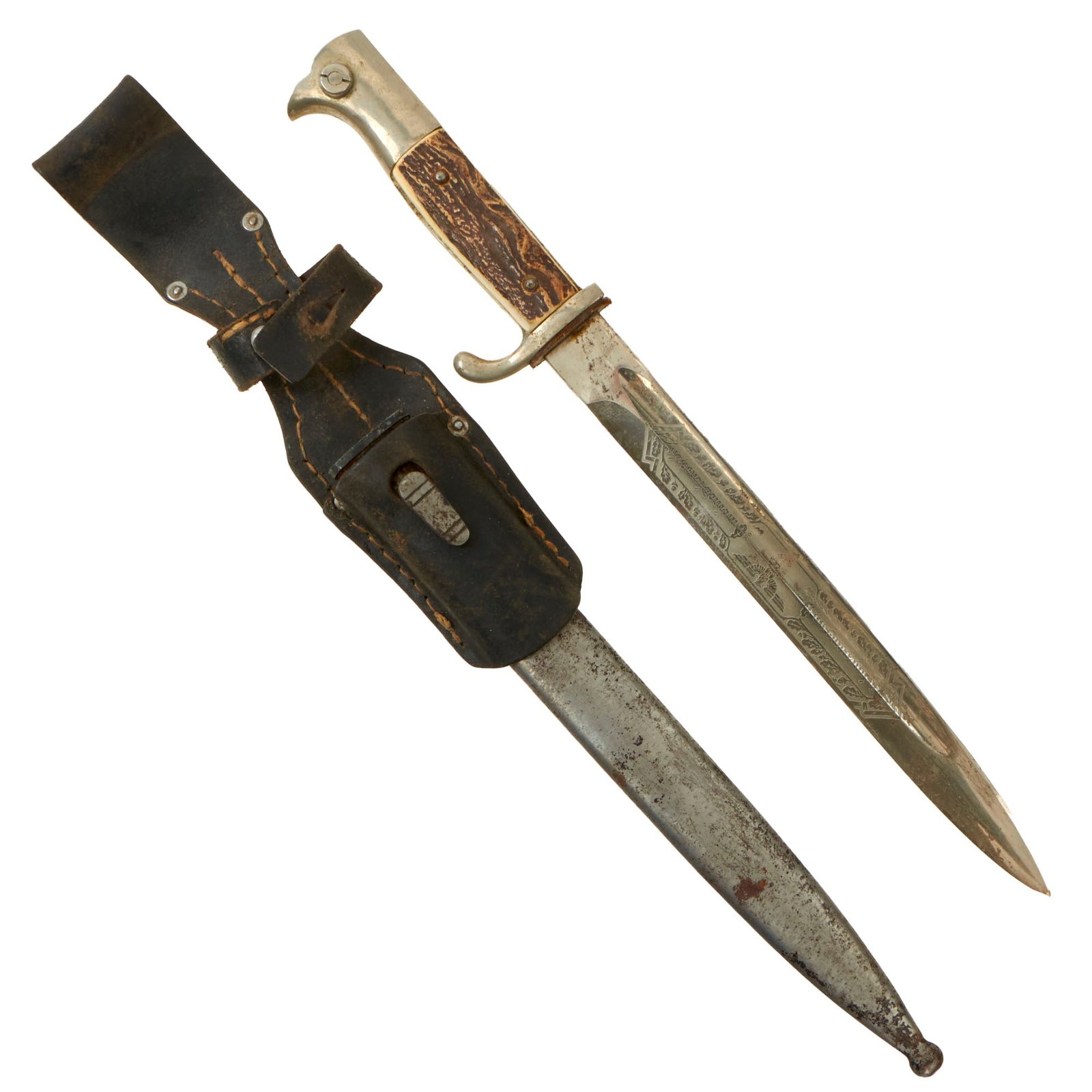 Buy Original German WWII Heer Single Etched Long Stag Handle 98k Dress Bayonet by Paul Seilheimer with Scabbard and Frog | Original Firearms Antique For Sale
