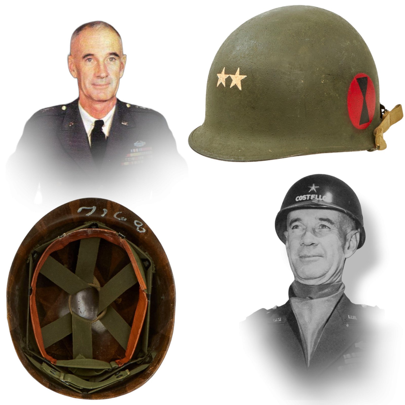 Buy Original U.S. WWII / Korea 1945 7th Infantry Division Major General Painted M1 McCord Rear Seam Helmet with Firestone Liner - Attributed to Major General Normando Antonio Costello | Original Firearms Antique For Sale