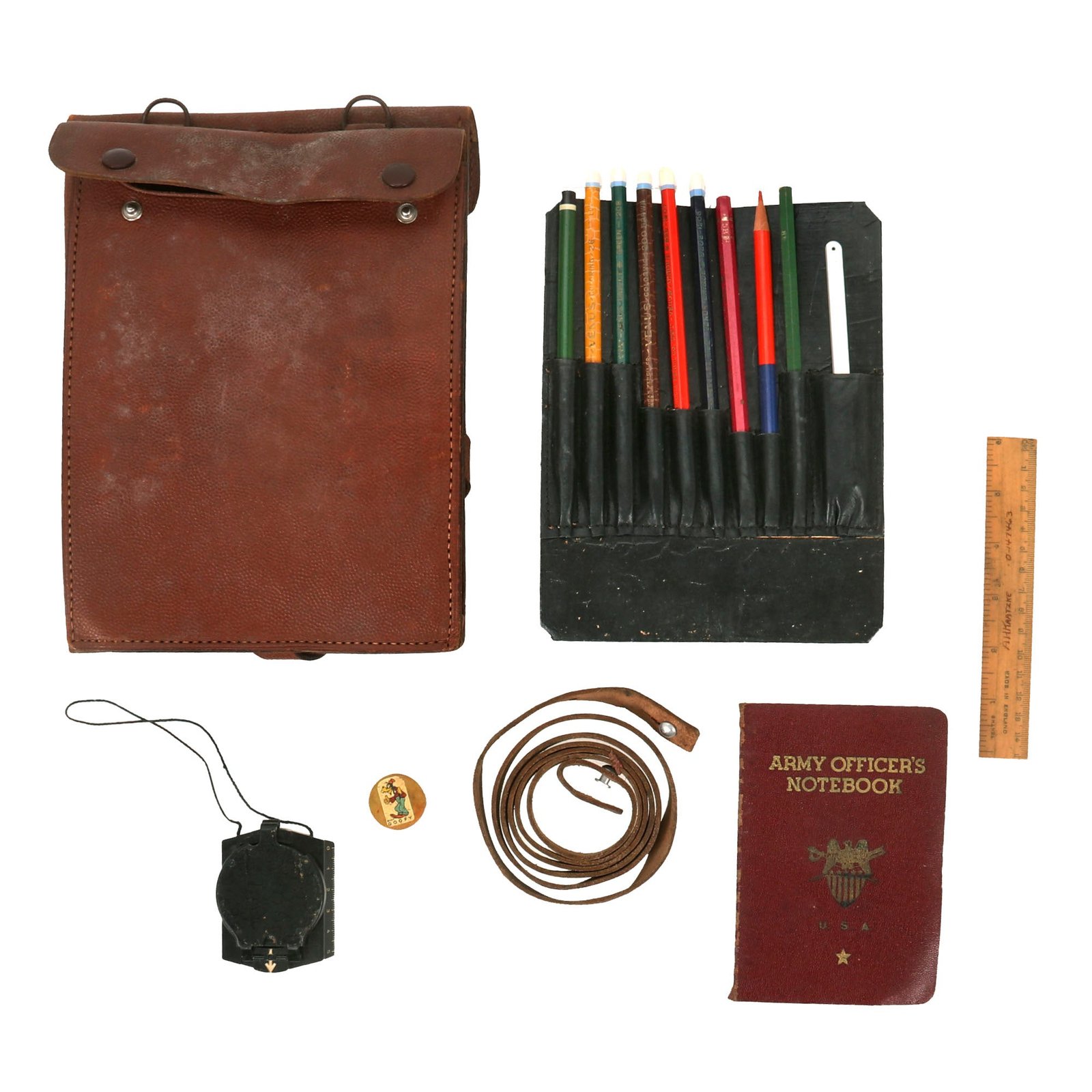 Buy Original German Pre-WWII Private Purchase Officer’s Brown Leather Map Case with Wehrmacht Issue Compass, and More | Original Firearms Antique For Sale