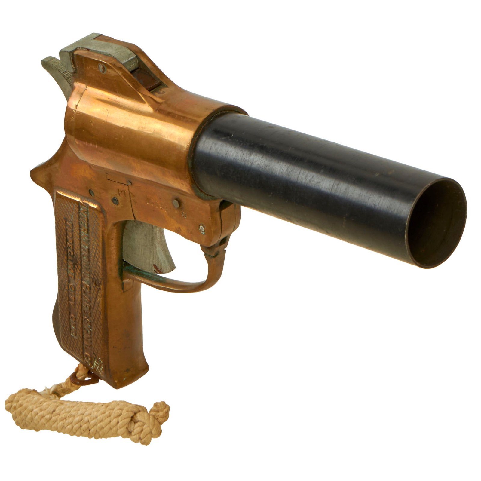 Buy Original U.S. WWII International Flare Signal Company Brass-Framed Pistol with Lanyard- Serial 15543 - Dated May 1943 | Original Firearms Antique For Sale