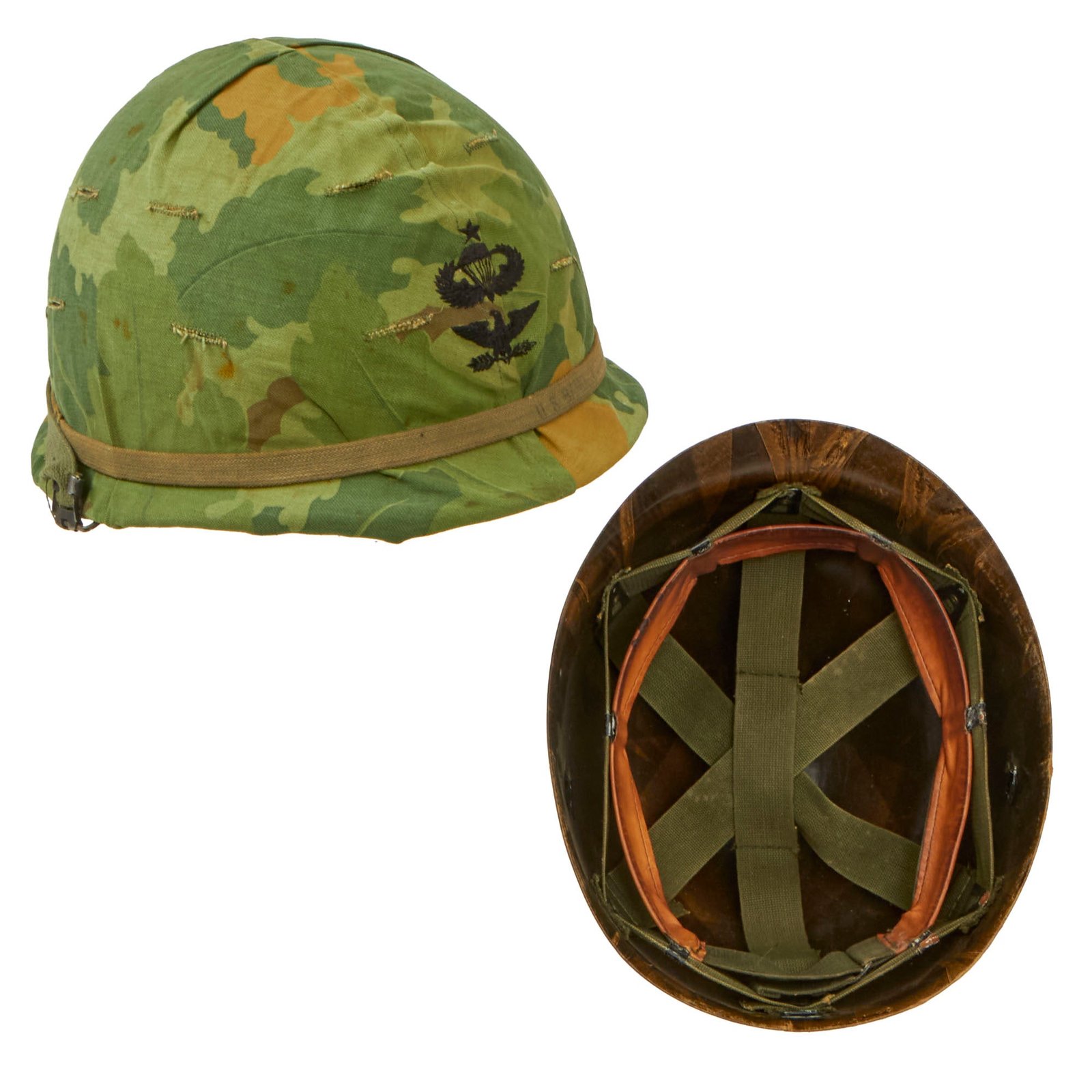 Buy Original U.S. Vietnam War M1 Helmet with Early 1964 Dated Camouflage Cover and Liner - Master Jump Wings and Colonel Insignia Are Vietnamese Direct Embroidered | Original Firearms Antique For Sale
