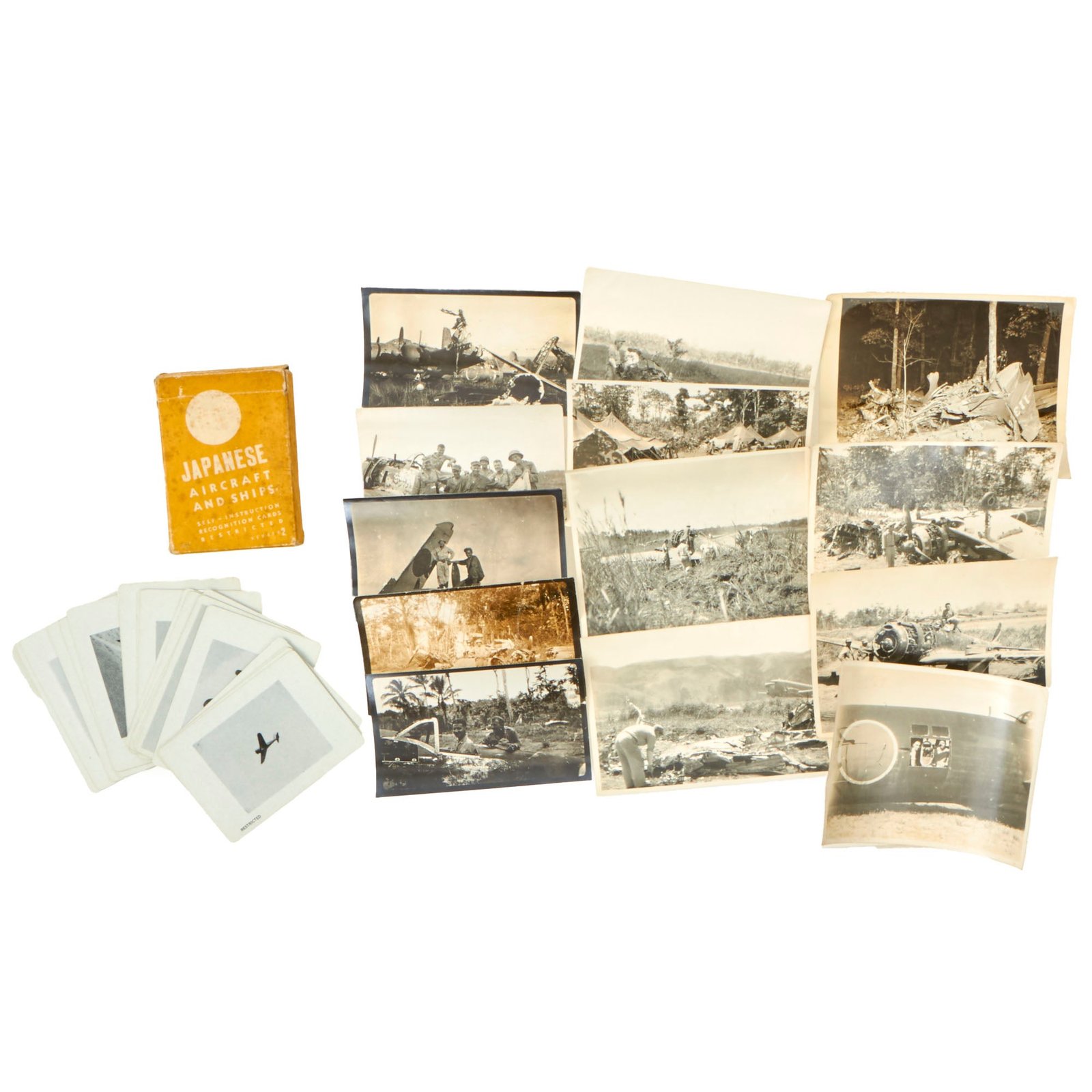 Buy Original U.S. WWII Unpublished Photograph Collection of Marines/Soldiers Posing With Downed Japanese Aircraft and Special Devices Division Recognition “Playing Cards” - 14 Items | Original Firearms Antique For Sale