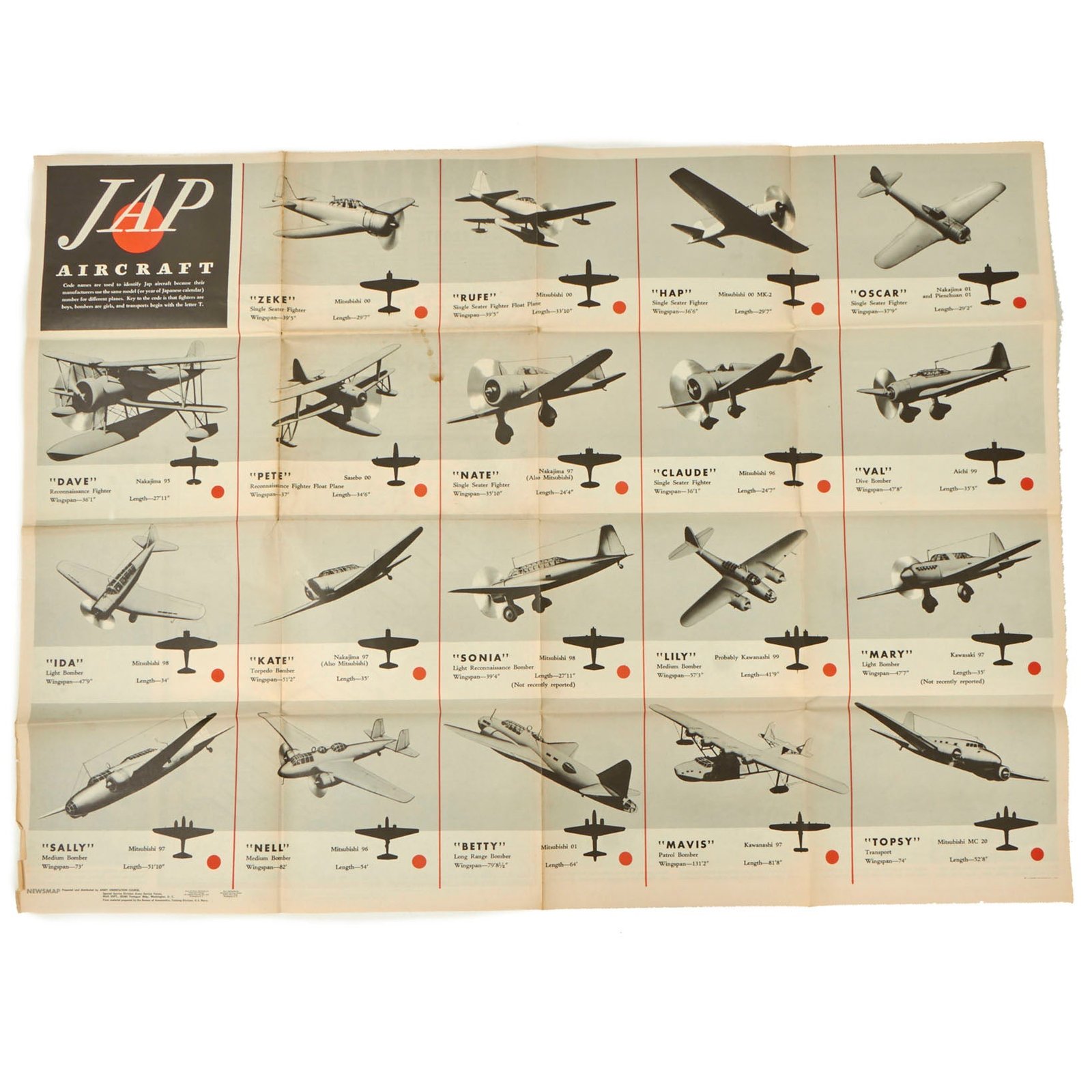 Buy Original U.S. WWII National Security Newsmap Poster Jap Aircraft Identification - News Map 23 ½” x 17 ½” | Original Firearms Antique For Sale