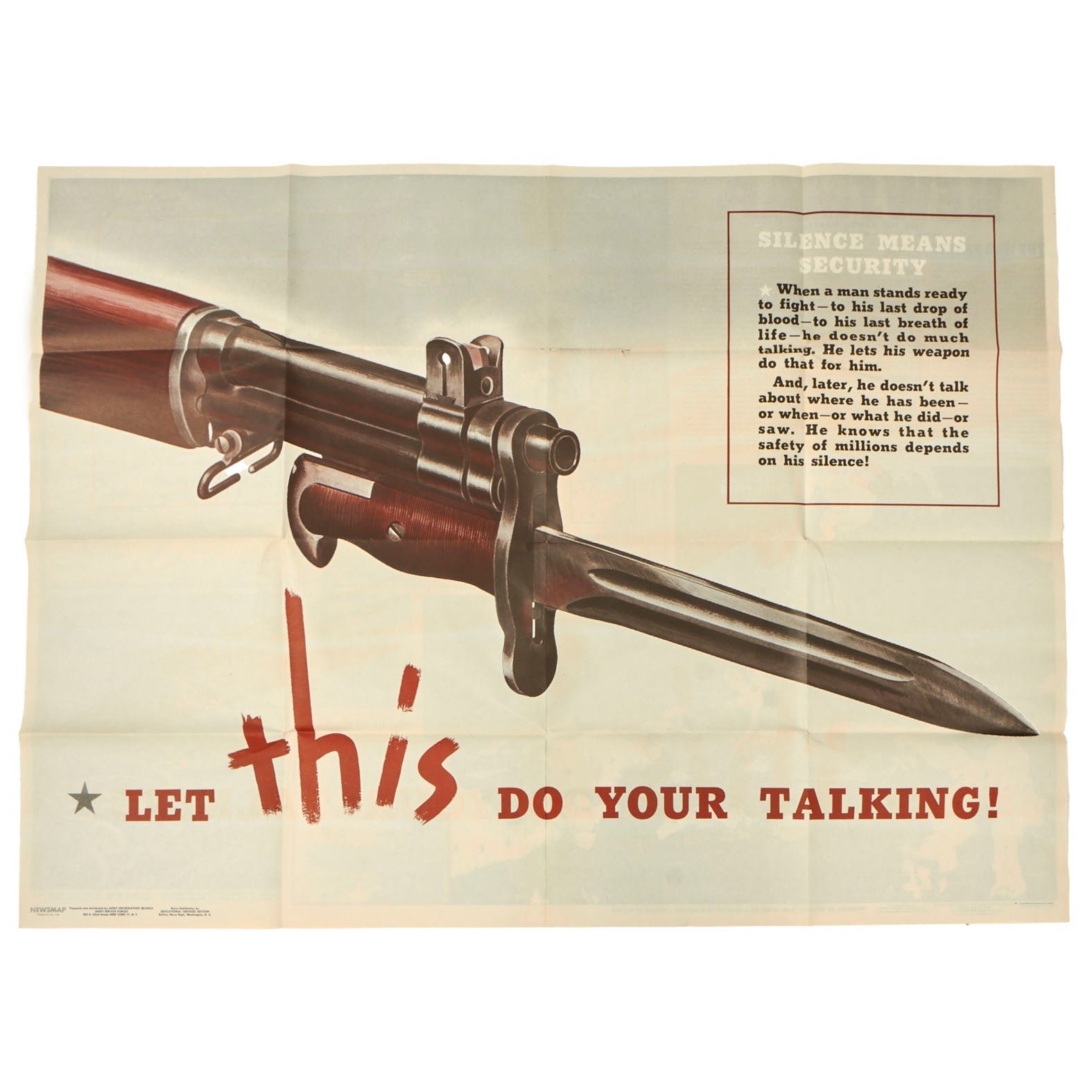 Buy Original U.S. WWII National Security Newsmap Poster “Let THIS Do Your Talking” M-1 Rifle Bayonet - News Map 23 ½” x 17 ½” | Original Firearms Antique For Sale