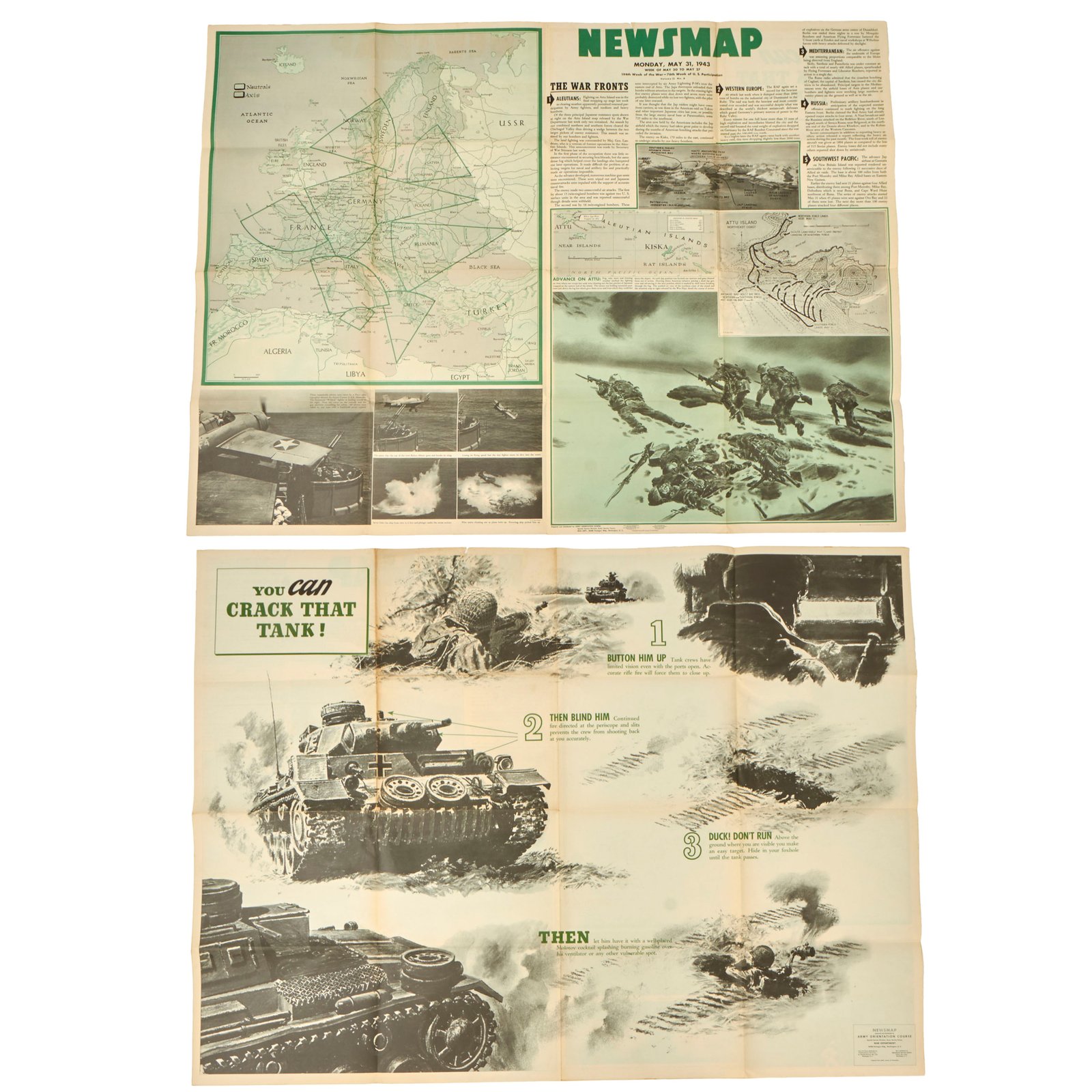 Buy Original U.S. WWII Double Sided Army Orientation Course “You CAN CRACK THAT TANK” Training Newsmap Poster - 34½ x 47” | Original Firearms Antique For Sale