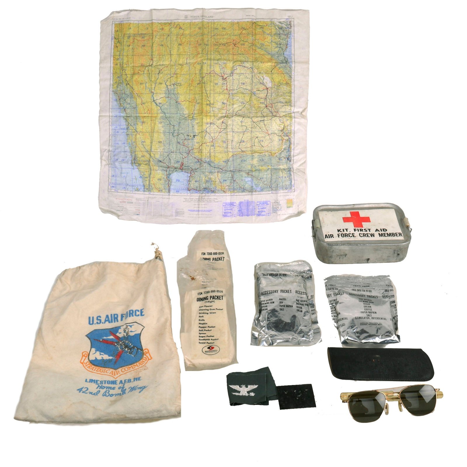 Buy Original Vietnam War U.S. Air Force USAF Survival Map, Aircrew First Aid Kit, Inflight Rations, Sun Glasses and More | Original Firearms Antique For Sale