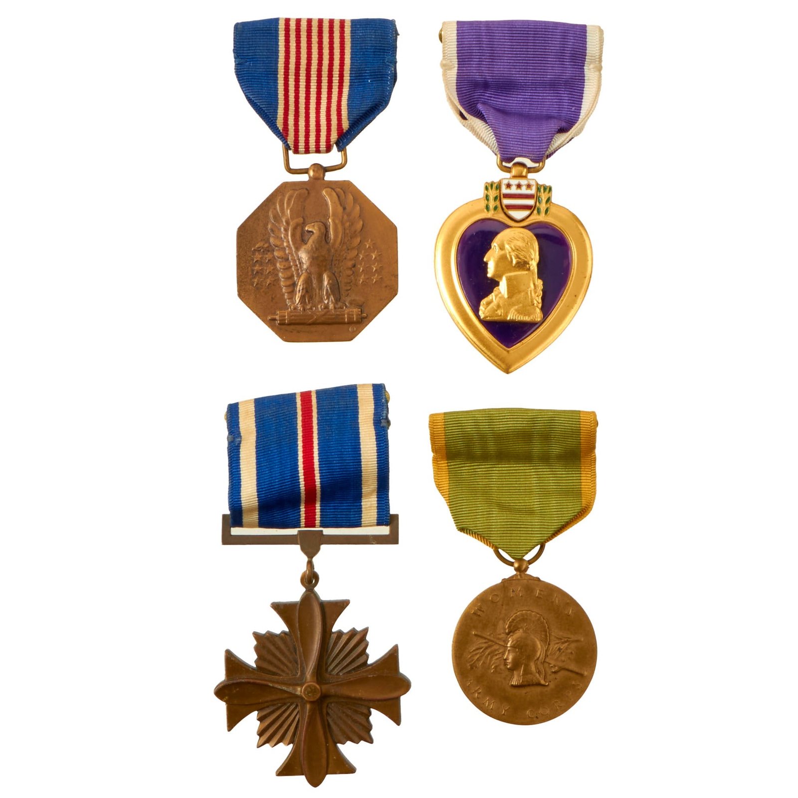 Buy Original U.S. WWII Lot of 4 Medals - WAAC Medal, Purple Heart, Distinguished Flying Cross, Soldier’s Medal | Original Firearms Antique For Sale