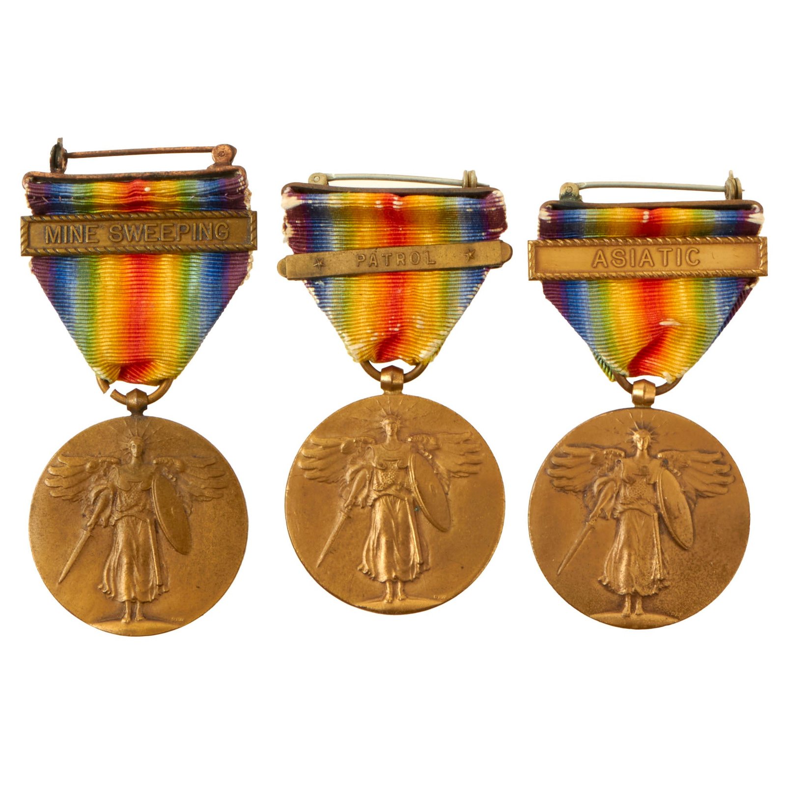 Buy Original U.S. WWI Navy Victory Medal Lot of 3 - Asiatic, Mine Sweeping, & Patrol | Original Firearms Antique For Sale