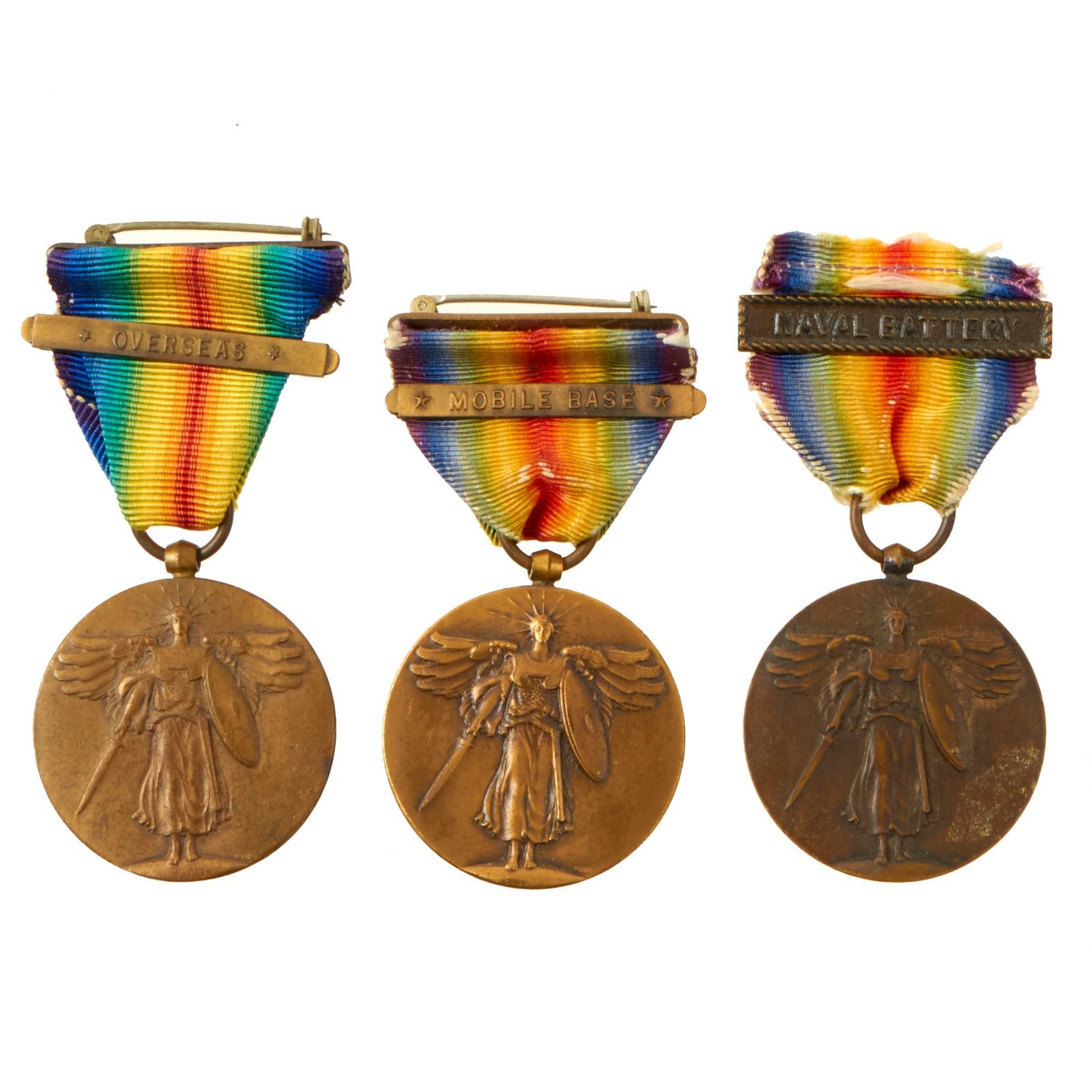 Buy Original U.S. WWI US Navy Victory Medal Lot - NAVAL BATTERY, OVERSEAS, MOBILE BASE | Original Firearms Antique For Sale