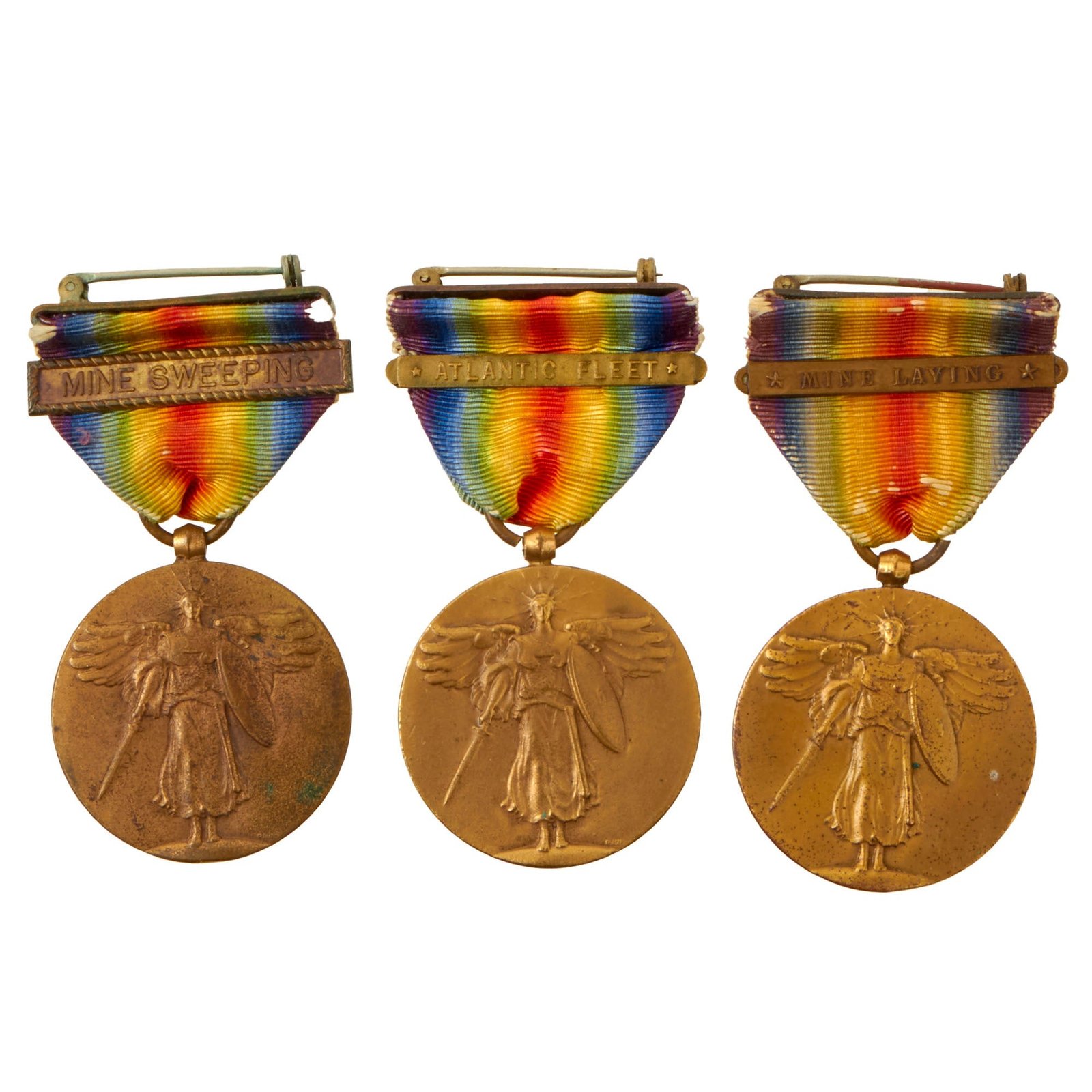 Buy Original U.S. WWI Navy Victory Medal Lot of 3 - Mine Sweeping, Mine Laying, & Atlantic Fleet | Original Firearms Antique For Sale