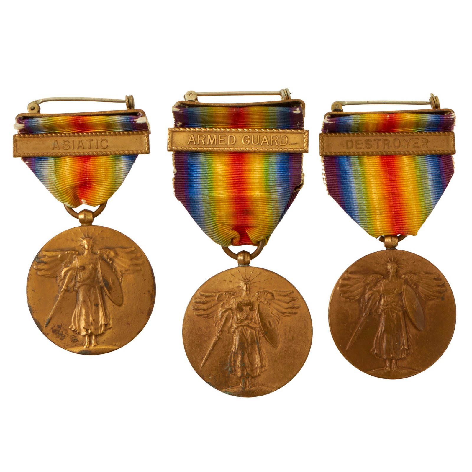 Buy Original U.S. WWI Navy Victory Medal Lot of 3 - Asiatic, Armed Guard, & Destroyer | Original Firearms Antique For Sale