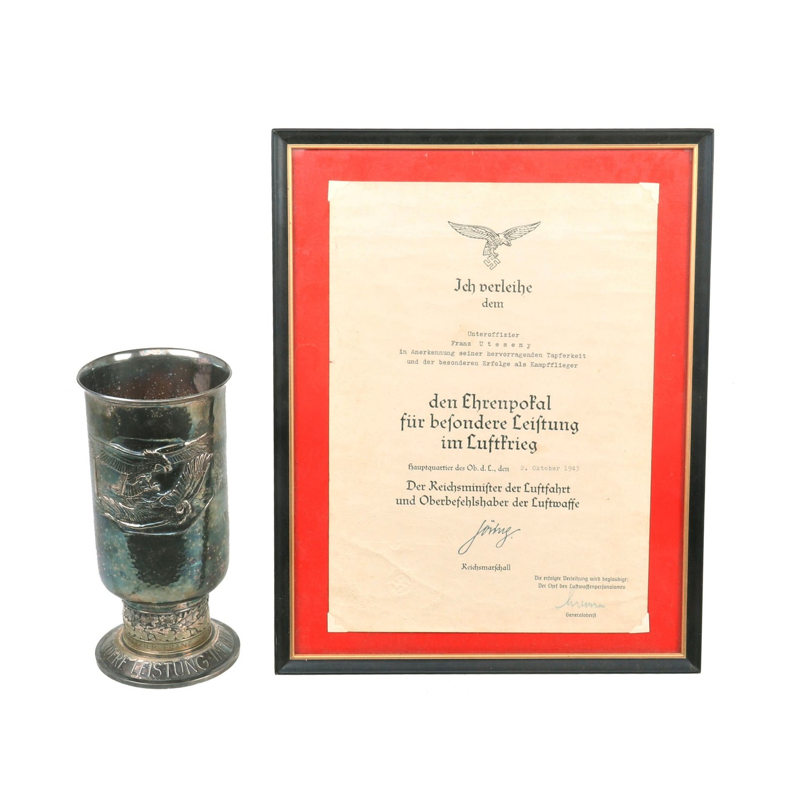 Buy Original Rare German WWII Luftwaffe Honor Goblet and Award Document Named to Unteroffizier Franz Uteseny - Presented October 2, 1943 | Original Firearms Antique For Sale