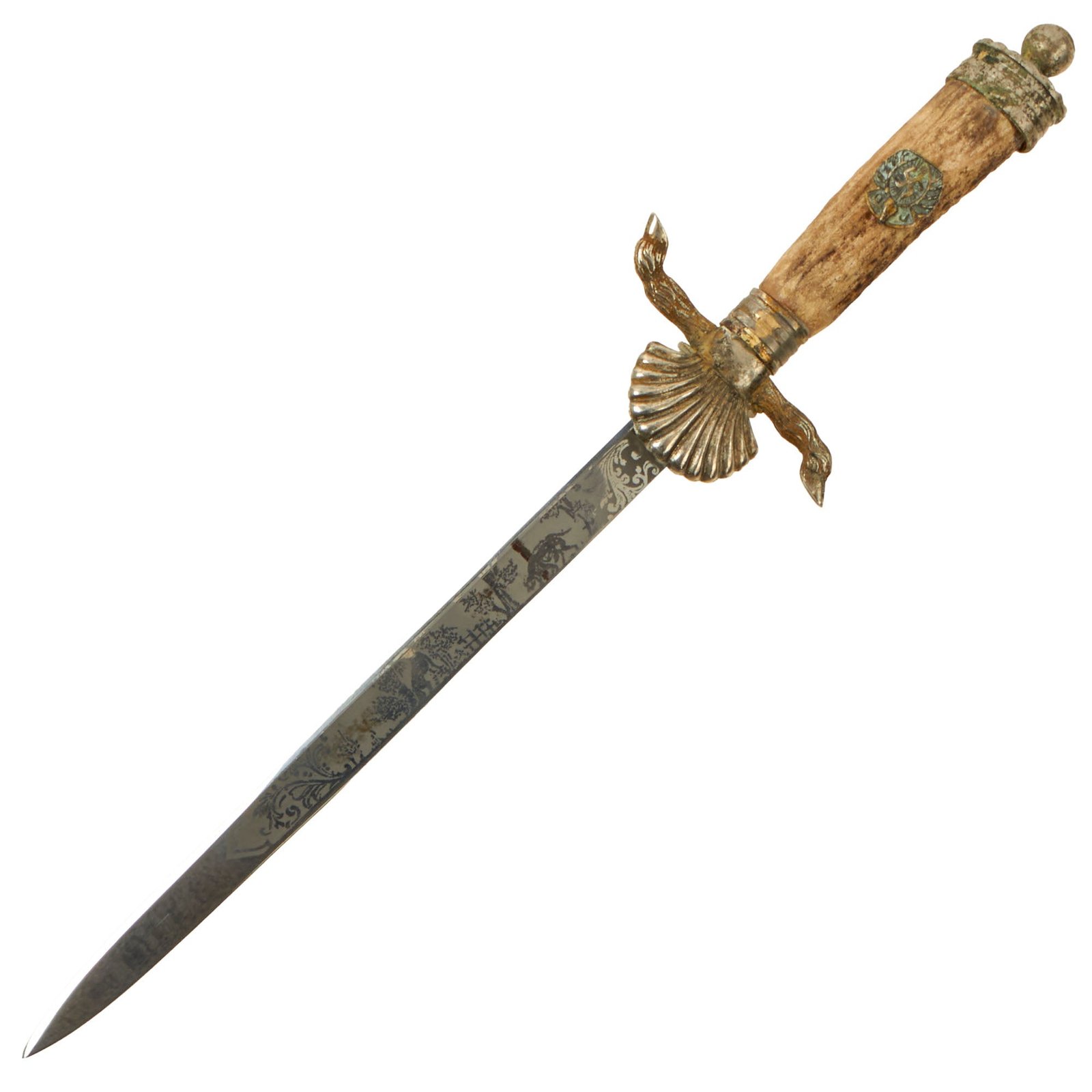 Buy Original German WWII Era Miniature Hirschfänger Stag Handle Etched Forestry Dress Cutlass Letter Opener | Original Firearms Antique For Sale