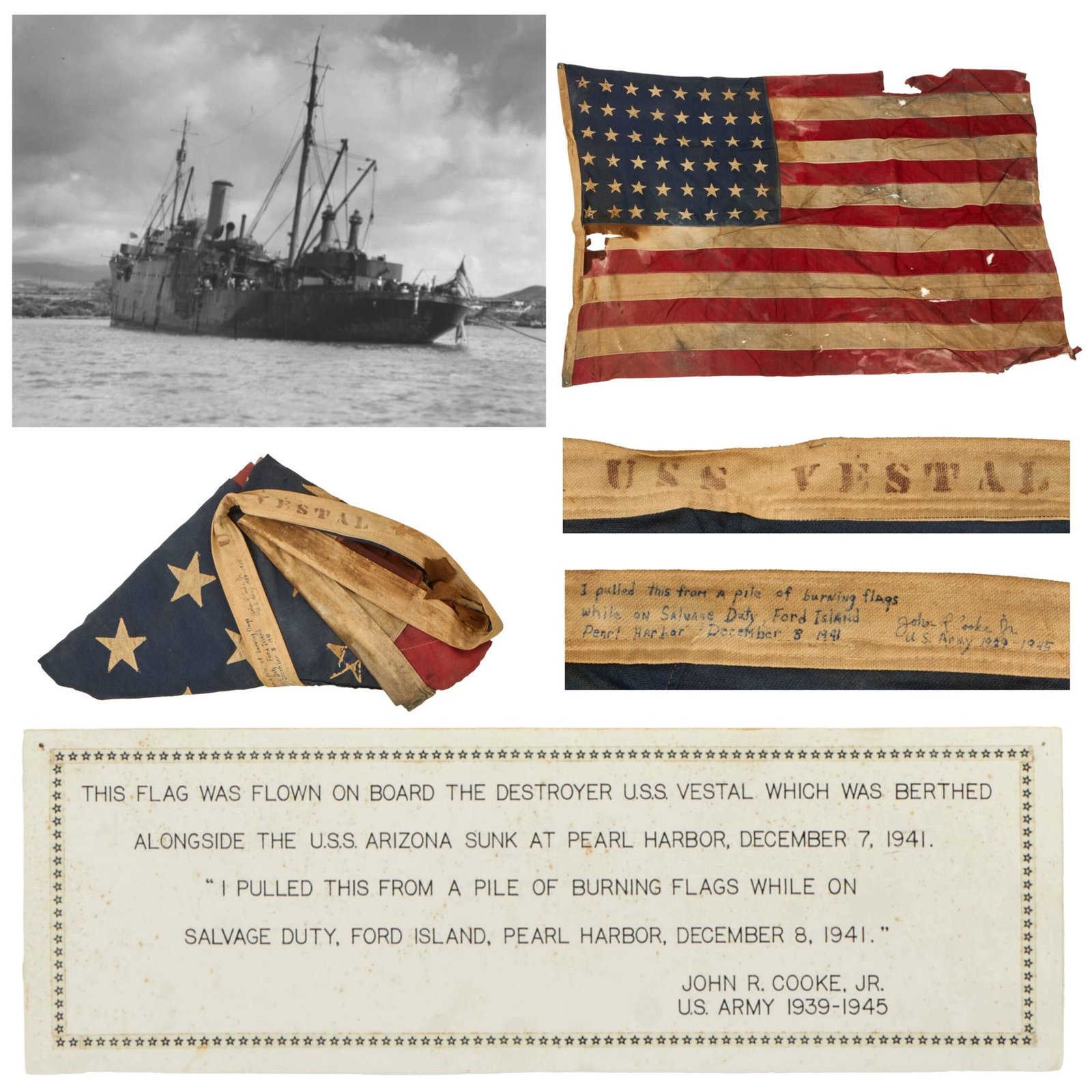 Buy Original U.S. WWII Attack on Pearl Harbor USS Vestal Flag - Recovered from Pile of Burning Flags by John R. Cooke During Salvage Duty with Museum Sign - 46 x 64” | Original Firearms Antique For Sale