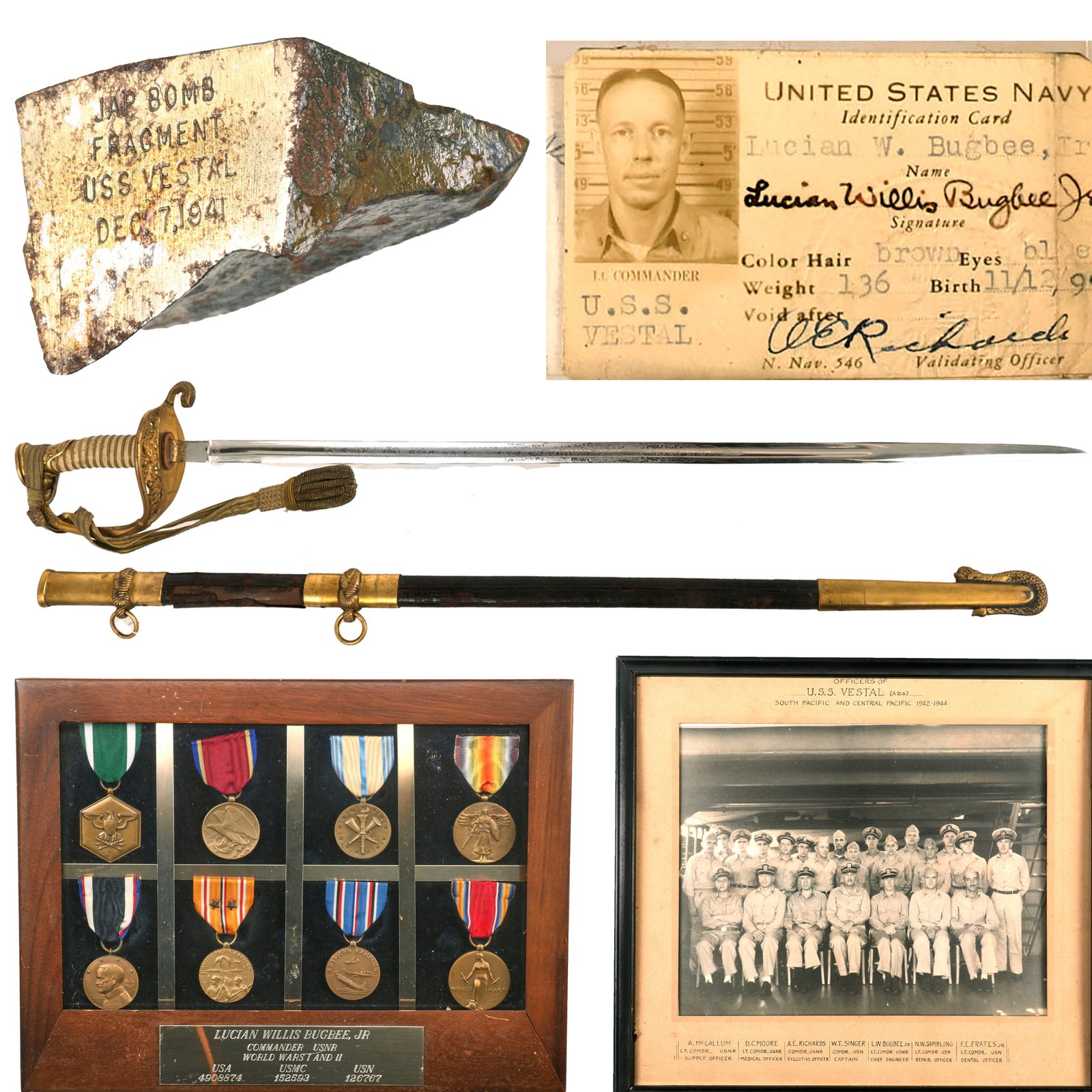 Buy Original U.S. WWII Pearl Harbor Attack USS Vestal Bomb Fragment with Engraving & Effects of Pearl Harbor Survivor Commander Lucian Willis Bugbee Including Naval Officer’s Sword & Medals | Original Firearms Antique For Sale