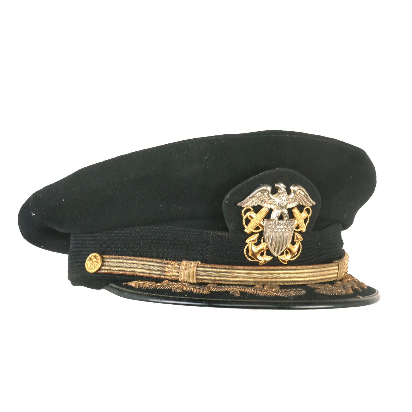 Buy Original U.S. WWII Navy Officer’s Black Peaked Visor Cap by Desirable Maker Wolf Brown Inc. - Size 7⅝ | Original Firearms Antique For Sale