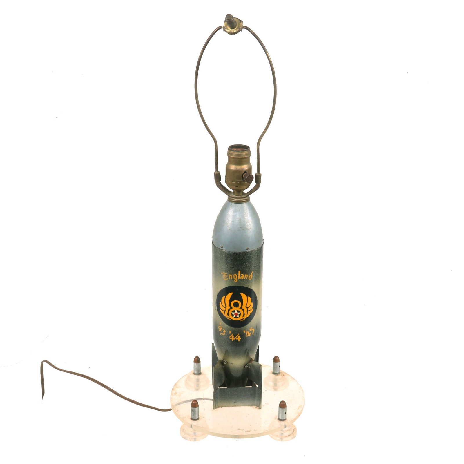 Buy Original U.S. WWII 8th Air Force Inert Aerial Bomb Trench Art Lamp with Bullets & Lucite Acrylic Base - Functional | Original Firearms Antique For Sale