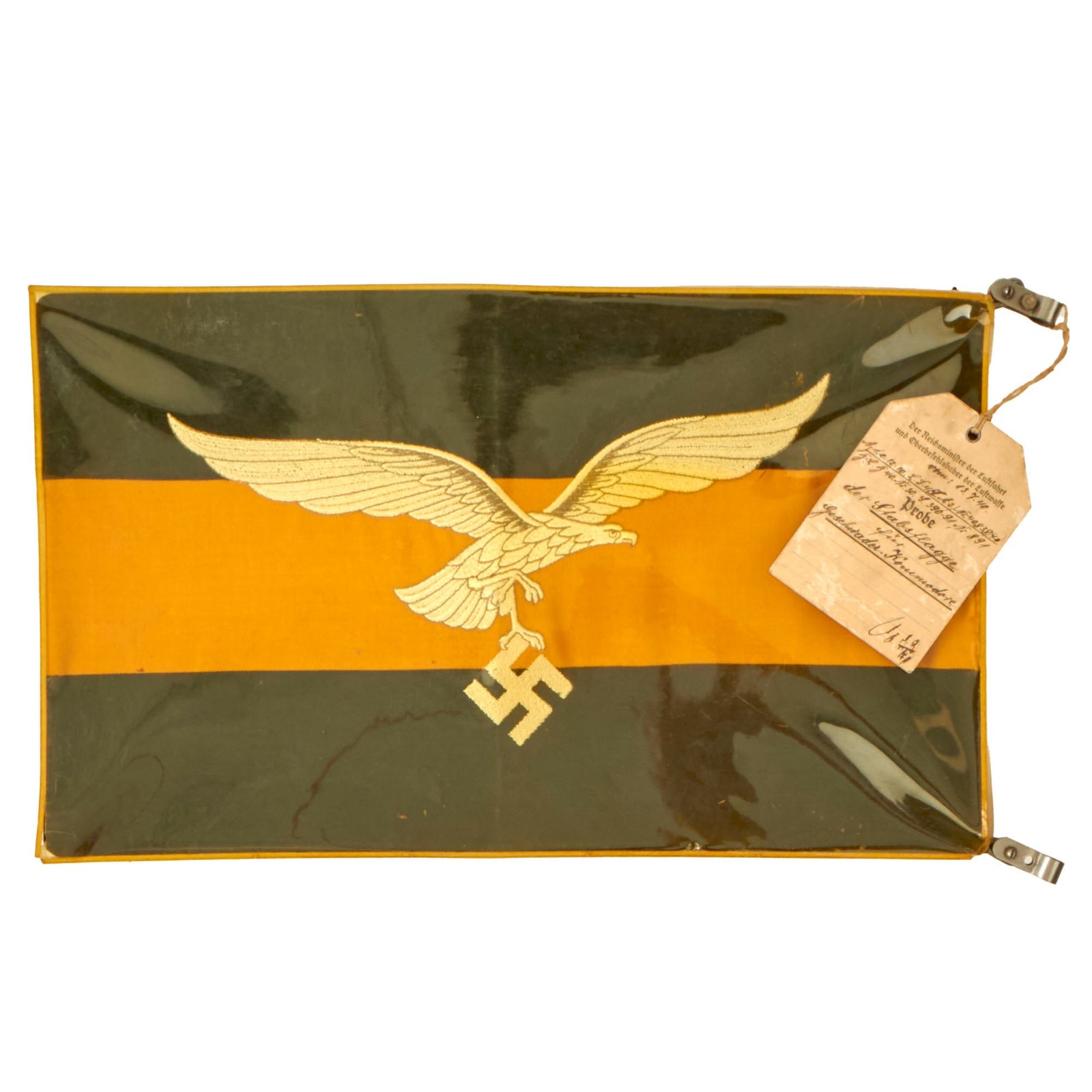 Buy Original German WWII Luftwaffe Air Wing Commodore Rigid Vehicle Command Flag with Celluloid Cover and Probe Sample Tag - 9 ½" x 16" | Original Firearms Antique For Sale
