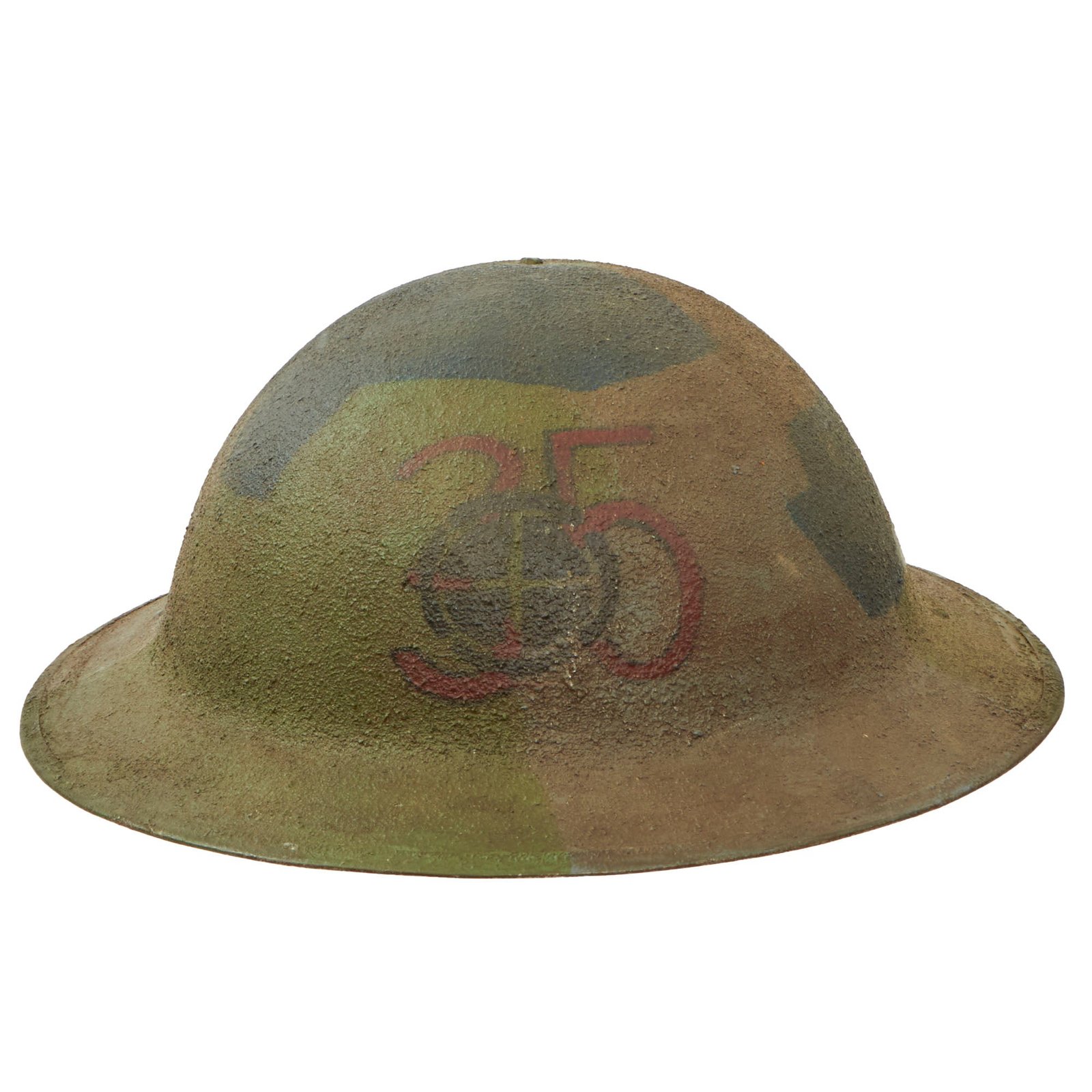 Buy Original U.S. WWI 35th Division Camouflage Painted M1917 Doughboy Helmet with Full Liner & Chinstrap - 70th Infantry Brigade - “Santa Fe Division” | Original Firearms Antique For Sale