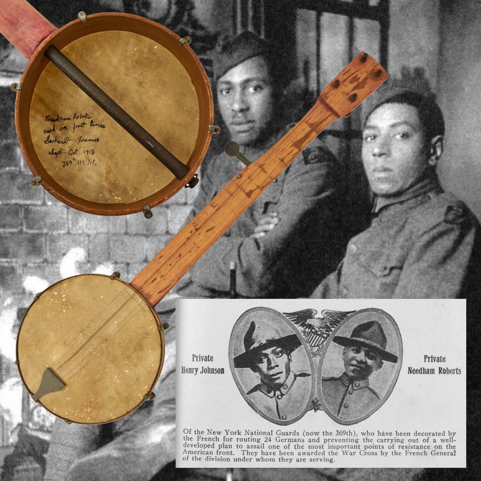 Buy Original U.S. WWI Harlem Hellfighters 369th Infantry Regiment Named Banjo Played by Needham Roberts in Séchault, France - 2nd American to Ever Receive the Croix de Guerre | Original Firearms Antique For Sale