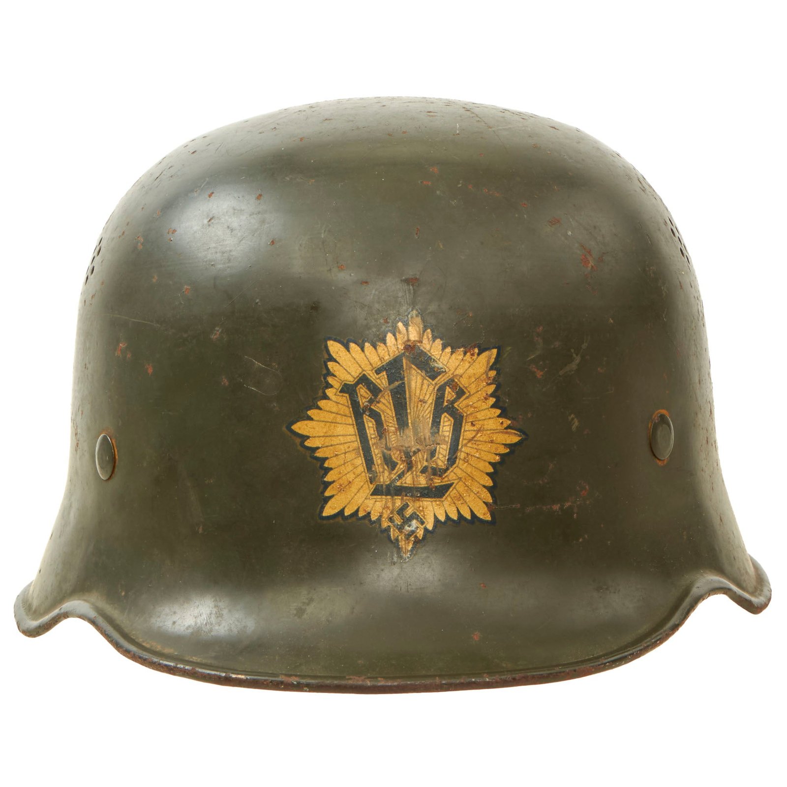 Buy Original German WWII Early M34 Civic Square Dip RLB Air Defense Steel Helmet with Liner and Broken Chinstrap | Original Firearms Antique For Sale
