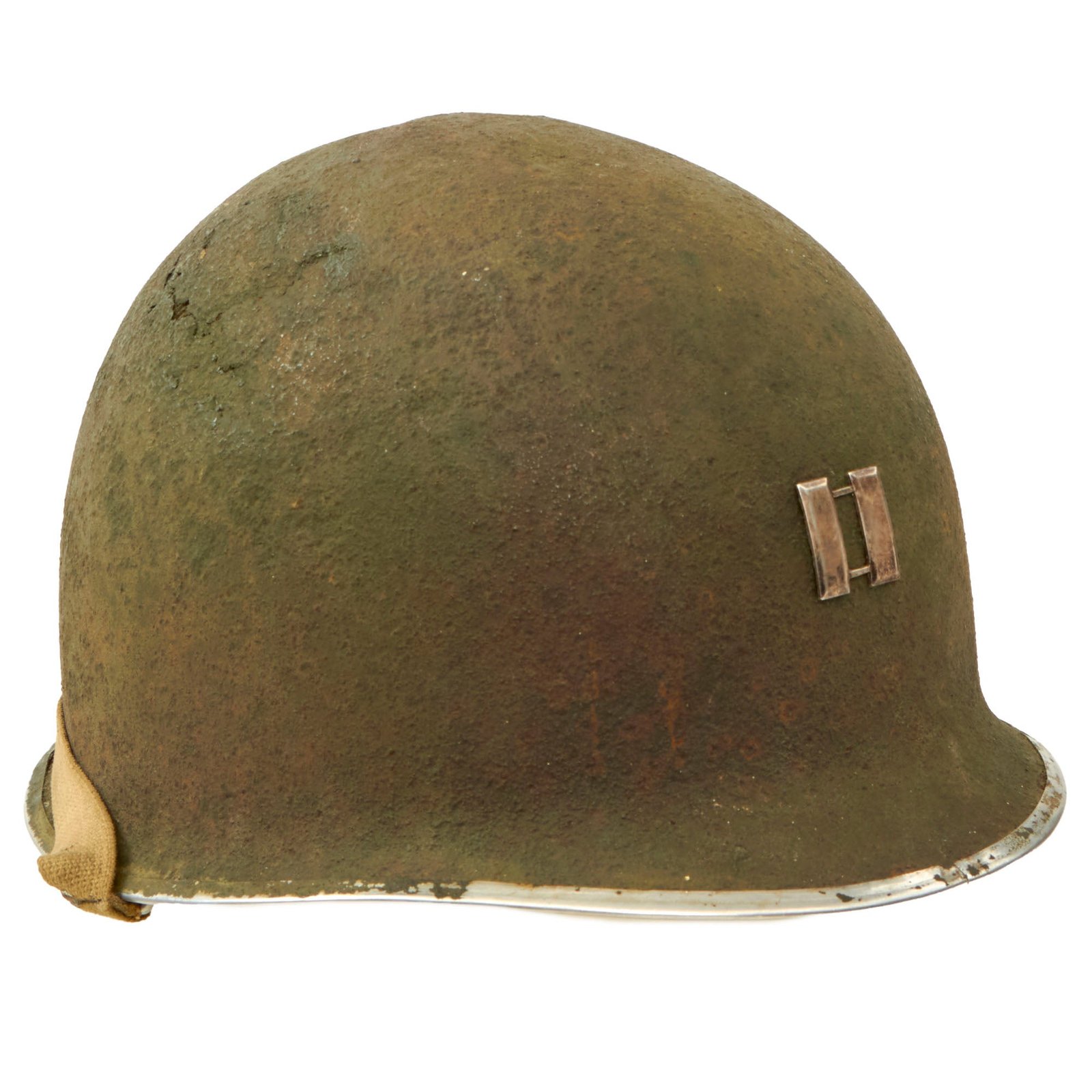 Buy Original U.S. WWII M1 Captain’s Fixed Bale Front Seam Helmet Recovered at 28th Infantry Division Position in Luxembourg | Original Firearms Antique For Sale