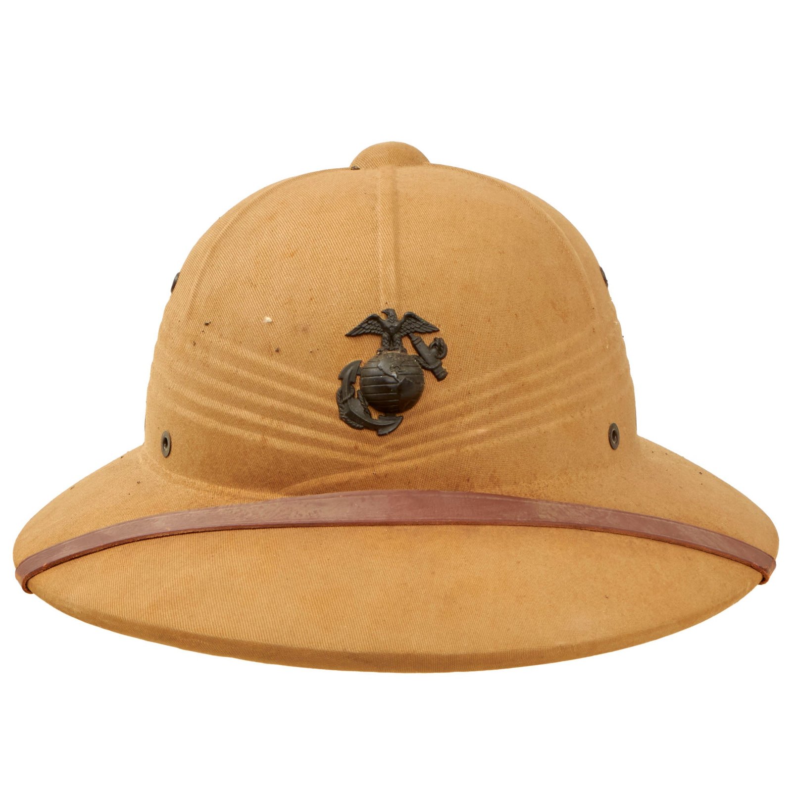 Buy Original U.S. WWII-Era US Marine Corps Issue M-1940 Pressed Fiber Sun Helmet with Scarce Bakelite EGA Device & Original Chinstrap - 1943 Dated | Original Firearms Antique For Sale