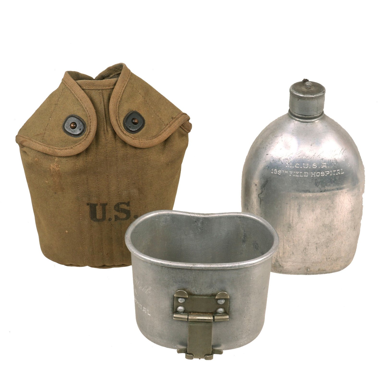 Buy Original U.S. WWI 40th Division Professionally Engraved Rare Early Seamless “Spun” M1910 Canteen & Cup with Cover - Named to Captain Joseph Webb, 159th Field Hospital | Original Firearms Antique For Sale