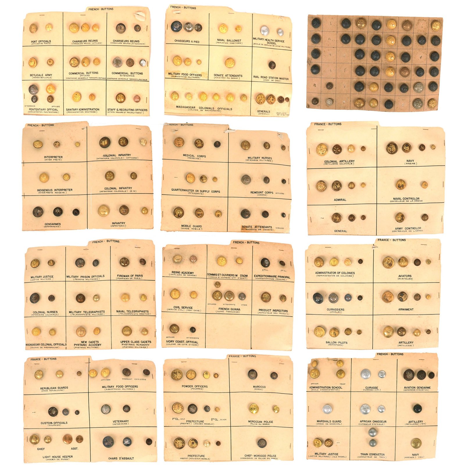 Buy Original French WWI Button Collection with 12 Boards with Identification - 242 Buttons Total | Original Firearms Antique For Sale