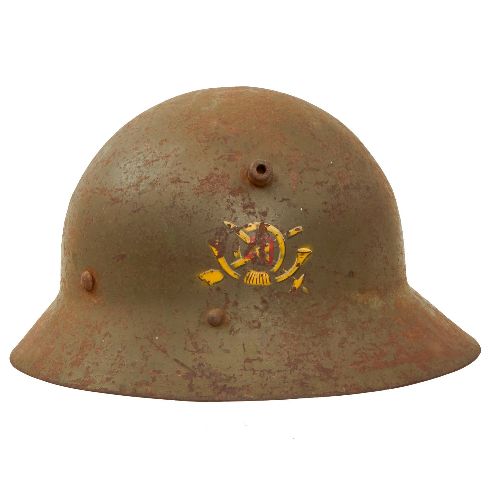 Buy Original Czechoslovakia WWII Era Czech M30 Helmet - Used by Fascists in Spanish Civil War - Stenciled Insignia | Original Firearms Antique For Sale