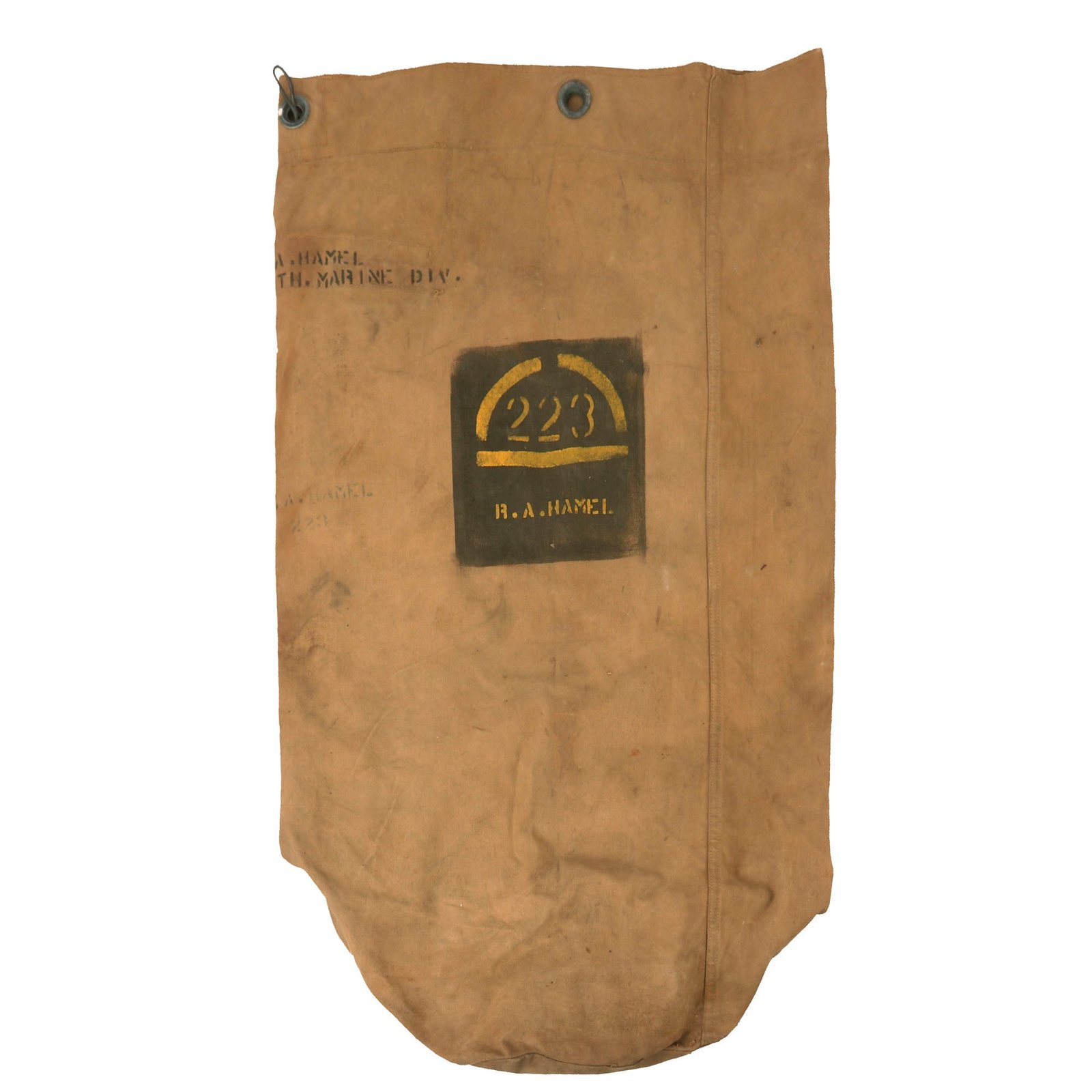 Buy Original U.S. WWII USMC Named 4th Marine Division Seabag - UNIS 223 Marking - Robert A. Hamel | Original Firearms Antique For Sale